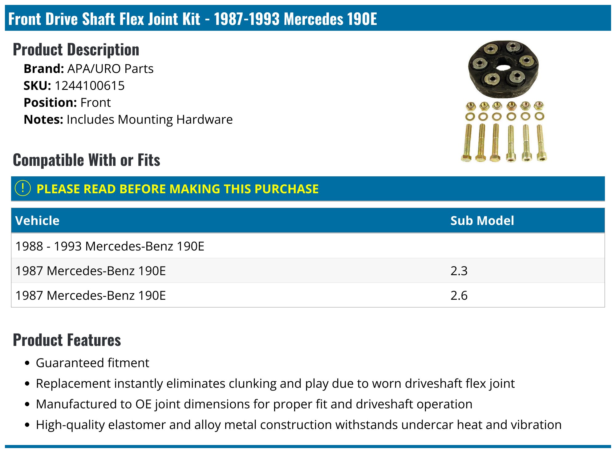 19871993 Mercedes 190E Drive Shaft Flex Joint APA/URO Parts