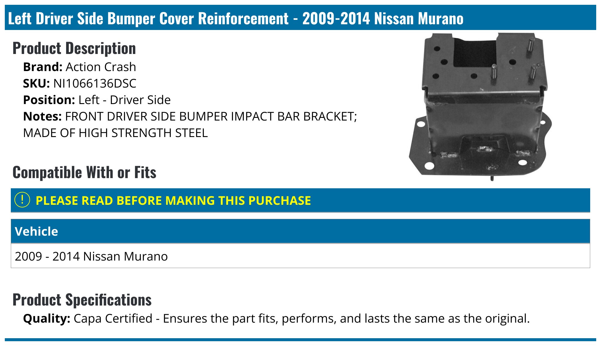 Evan-Fischer Front Passenger Side Bumper Bracket For Nissan Murano 2009-2014 - 622221AA2A
