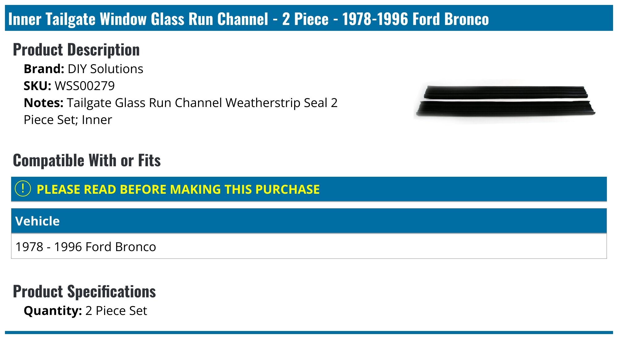F2028 Fairchild Industries Tailgate Weatherstrip Seal For Ford Bronco