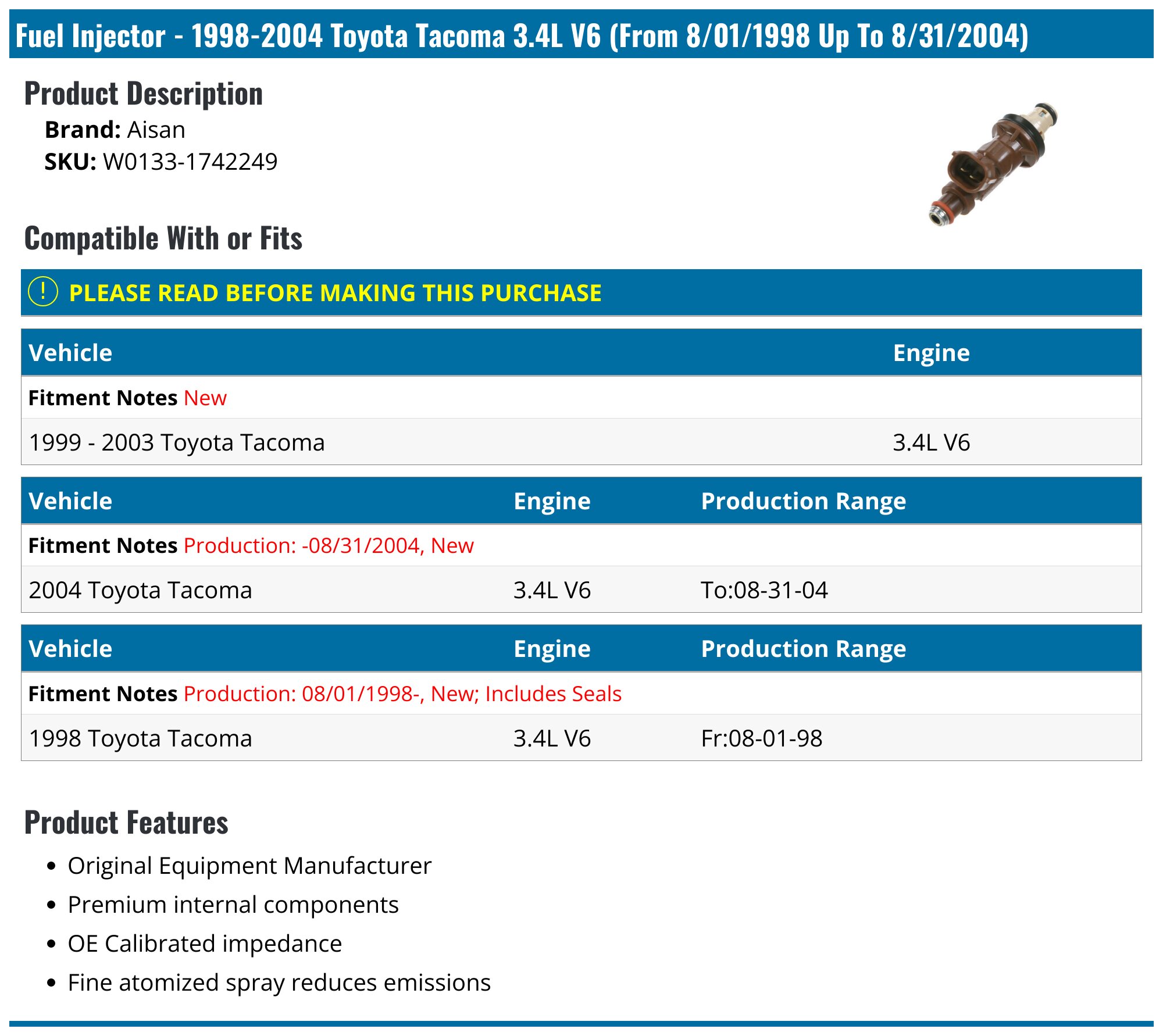 19982004 Toyota Fuel Injector Aisan W01331742249