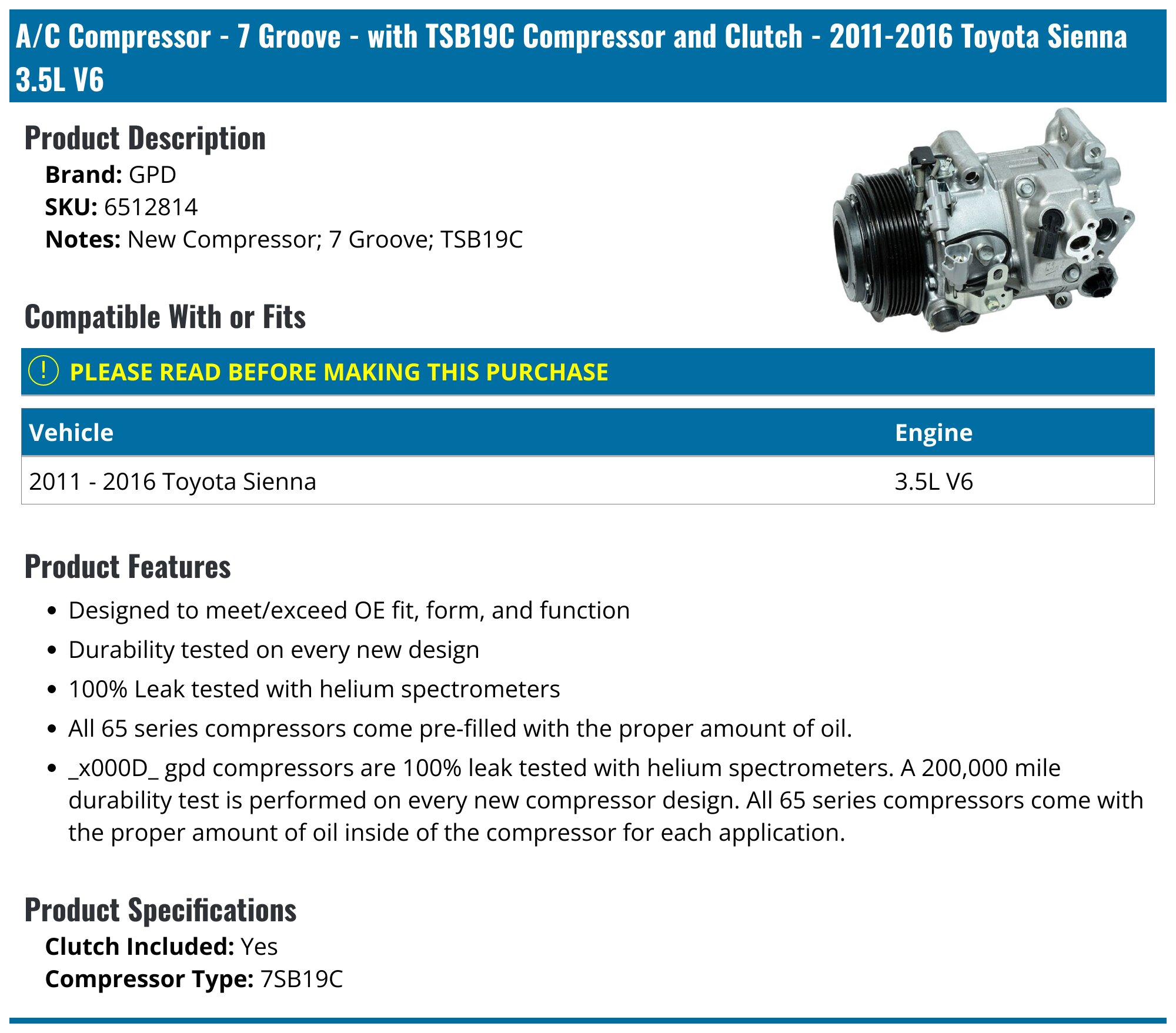 A/C AC Compressor with Clutch for Toyota Sienna V6 3.3L,3.5L 2004 2005 2006