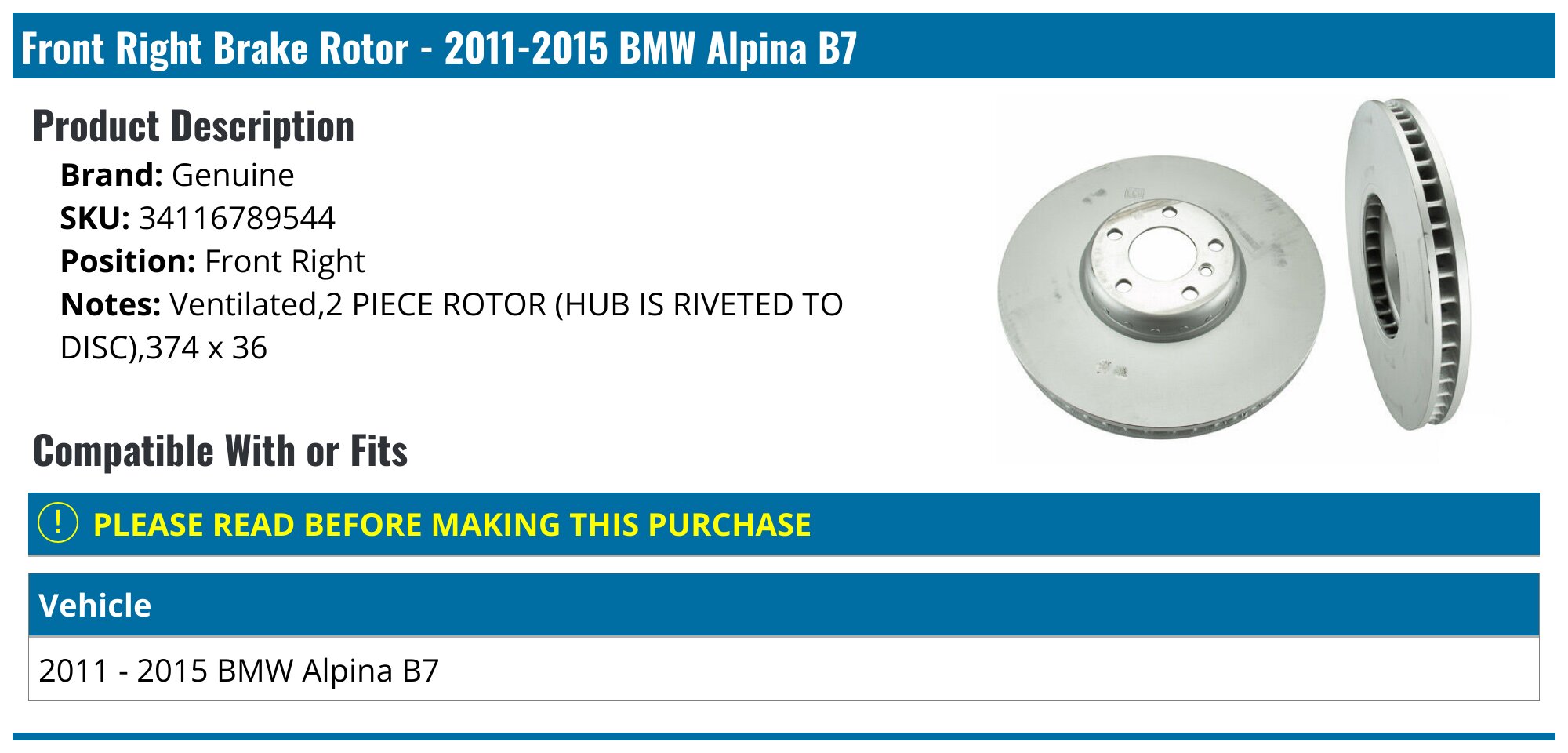 2011-2015 BMW Alpina B7 Brake Rotor - Genuine 34116789544 - Front Right ...