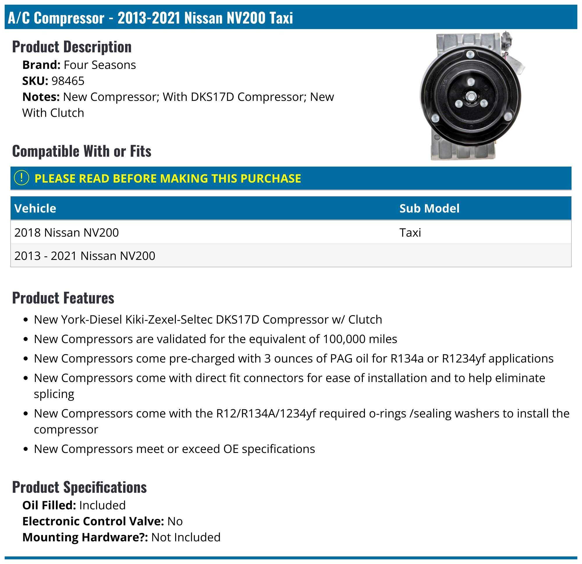 2019 Nissan NV200 A/C Compressor All Models 60-03966-na