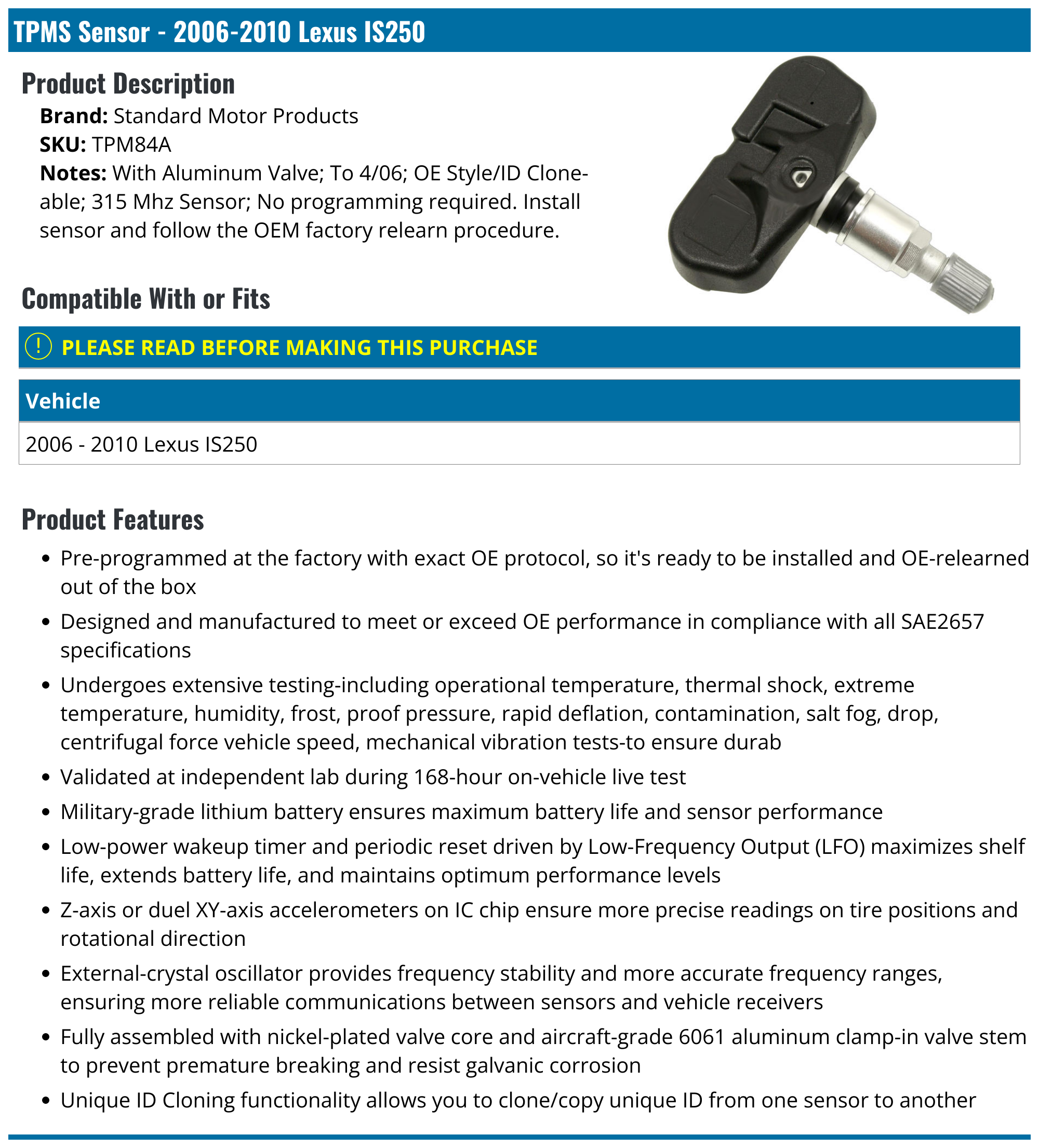 20062012 Lexus IS250 Tire Pressure Monitoring Sensor Standard Motor