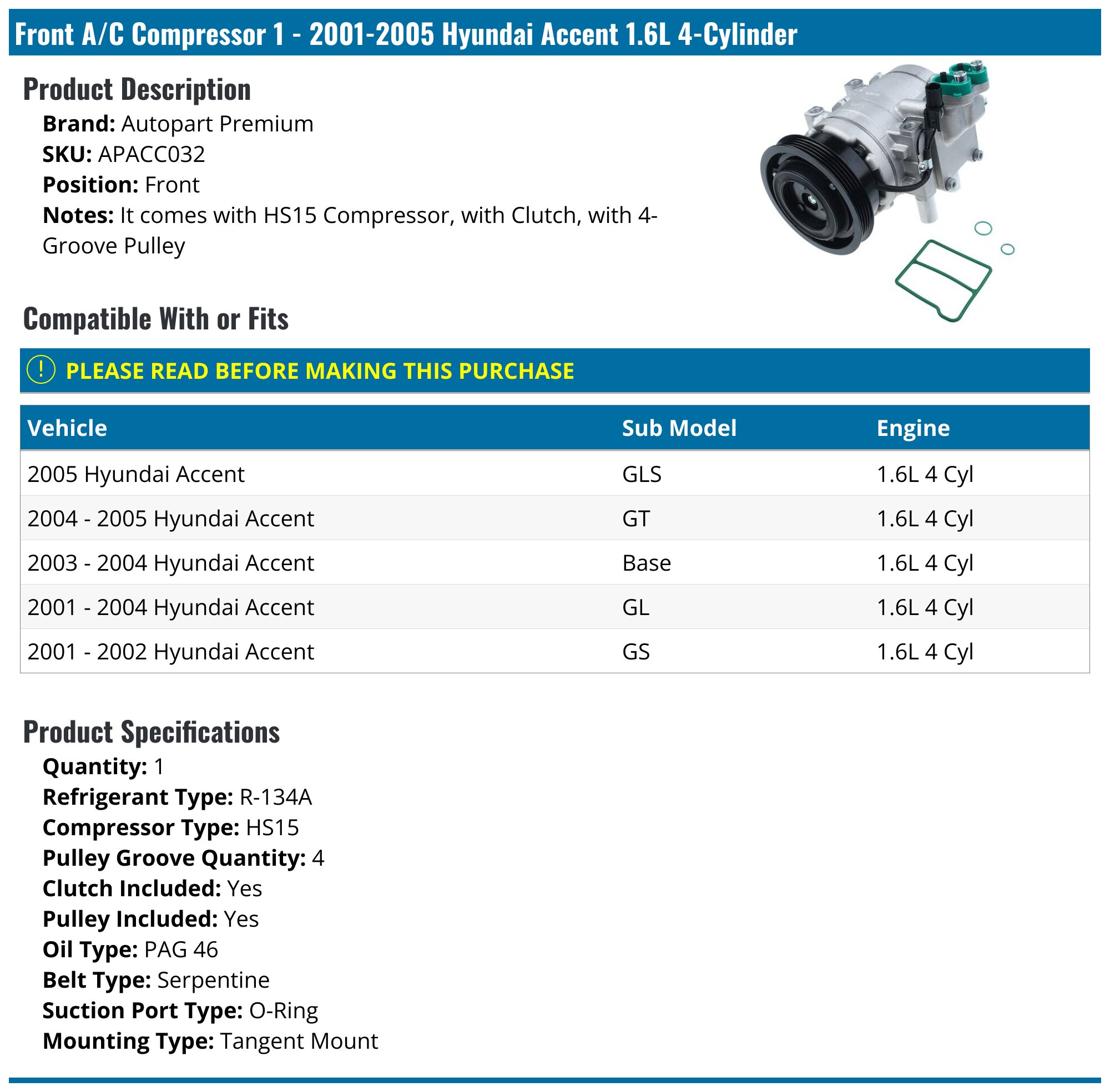 For 2006 2007-08 2009 Hyundai Accent 1.6L l4 AC A/C Compressor W/Cluth