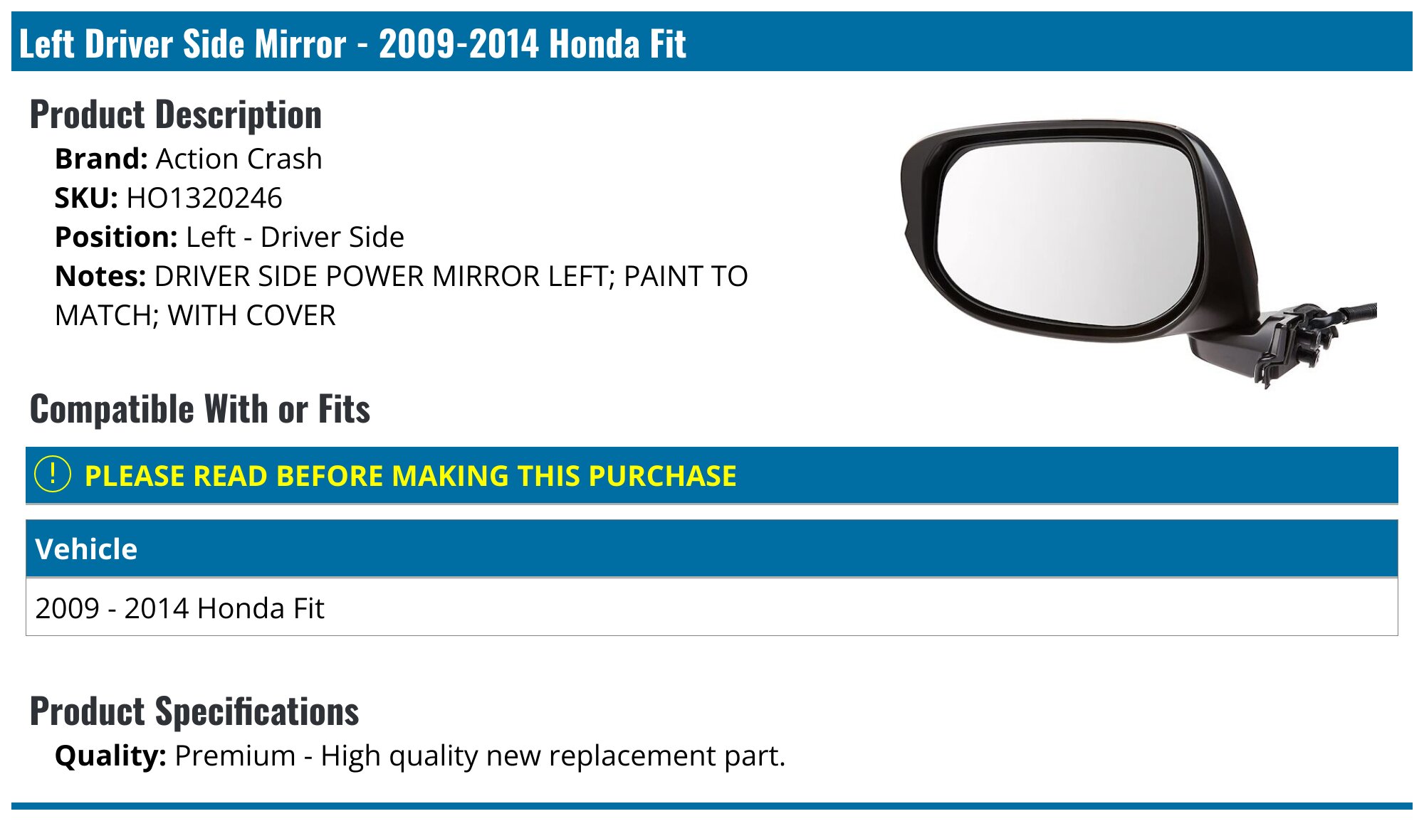 Dasbecan Driver Side Mirror Compatible With 2015-2020 Honda Fit Non - Foto 5
