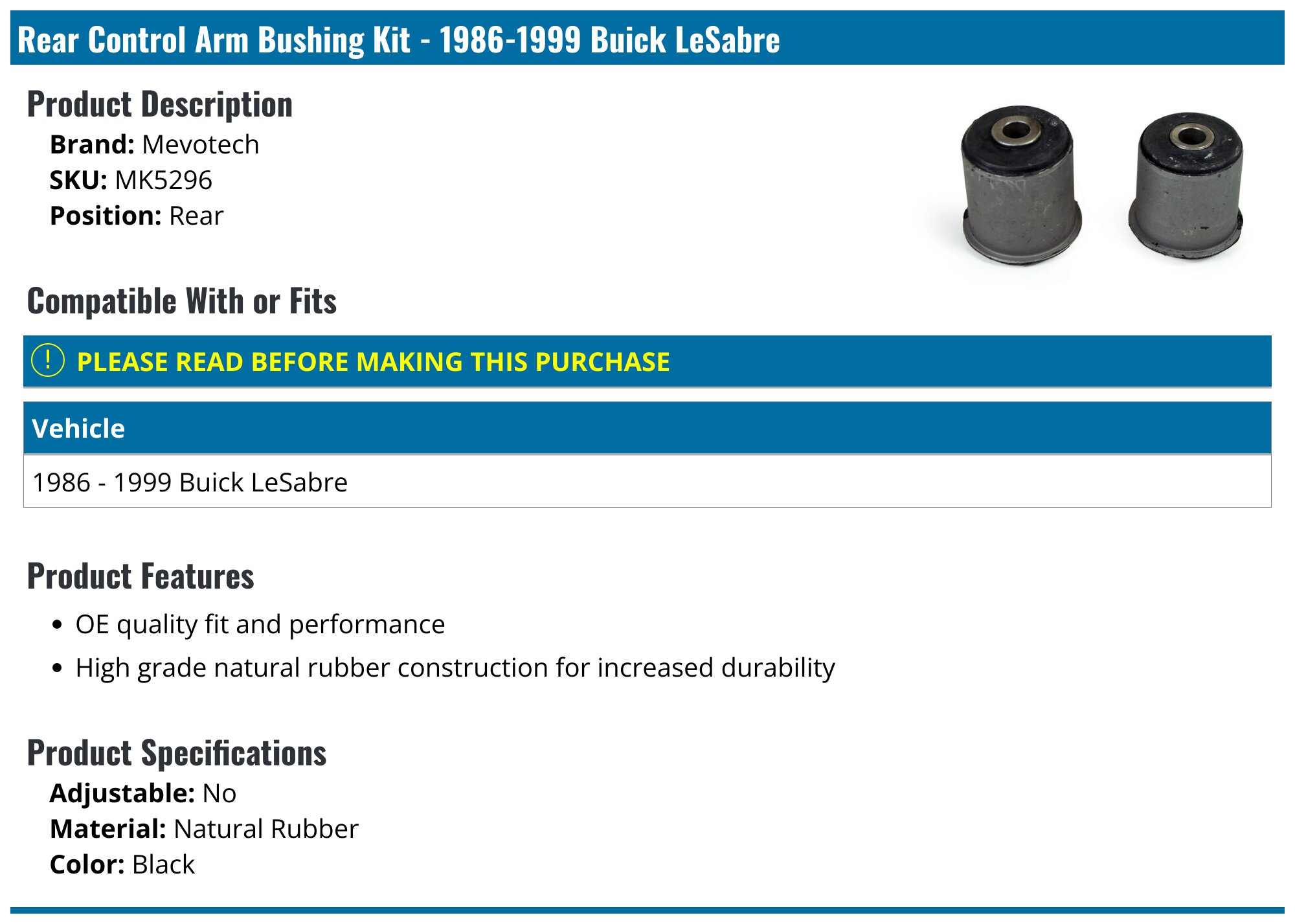 Mk5296 1986-1999 Buick LeSabre Control Arm Bushing - Mevotech MK5296 - Rear ...