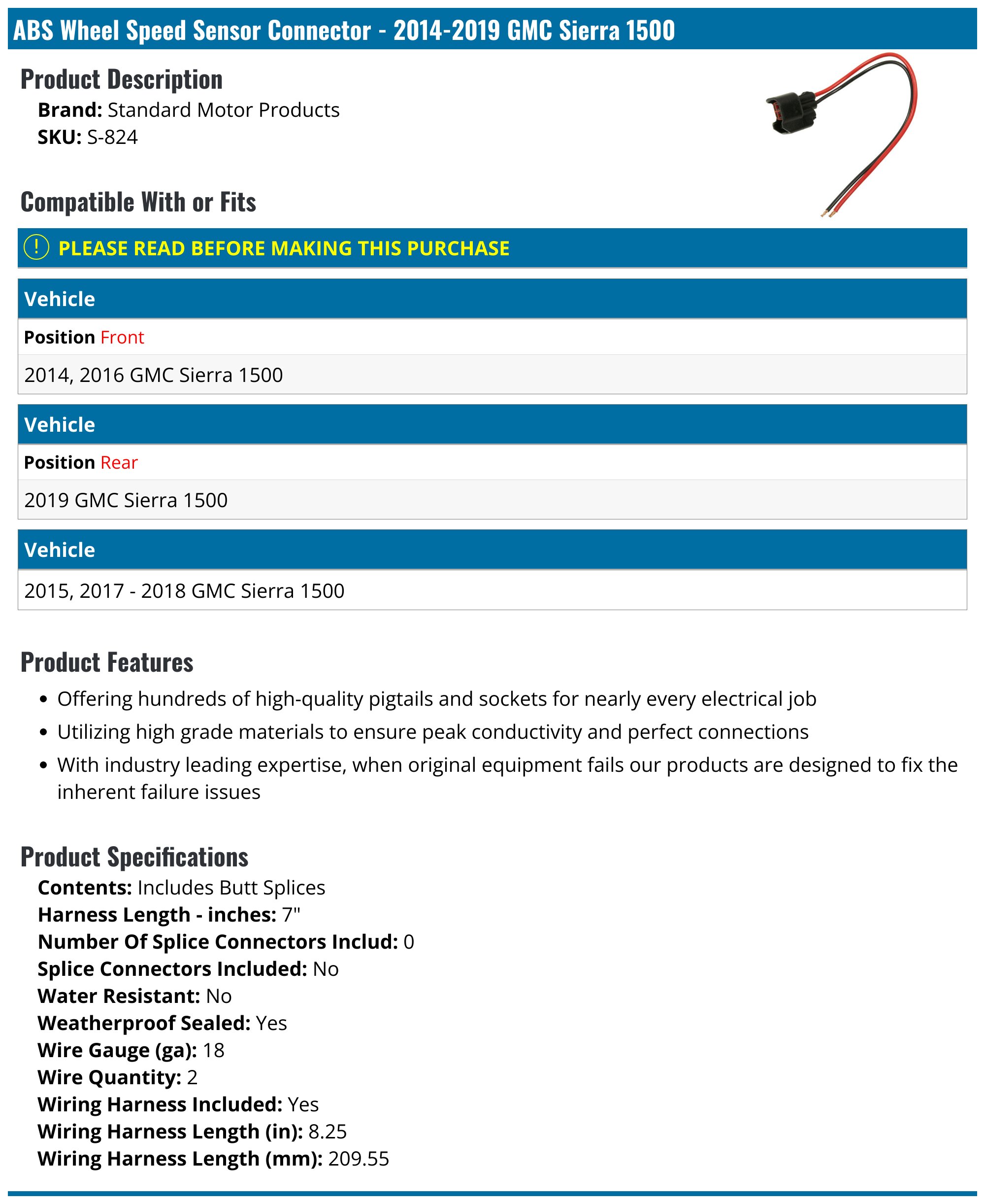 2014-2019 GMC Sierra 1500 ABS Wheel Speed Sensor Connector - Standard ...