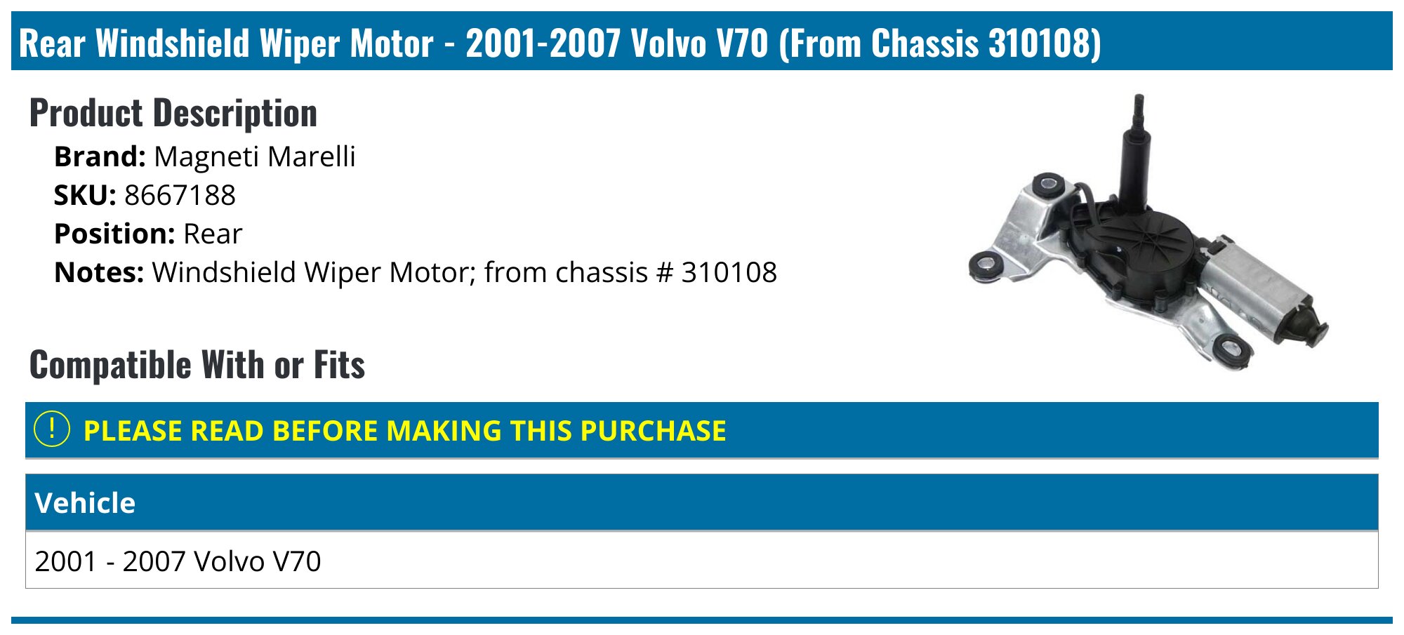 Rear Windshield Wiper Motor For Volvo V70 XC70 Wagon 2005-2008 2.4L 2.5L 3.2L