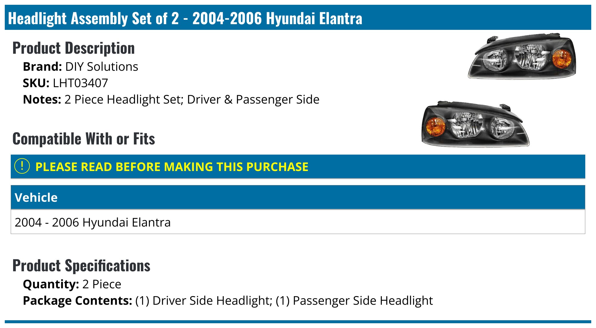 Pair Black Headlights Assembly For 2004-2006 Hyundai Elantra – Driver & Passenger Side, Halogen Reflector
