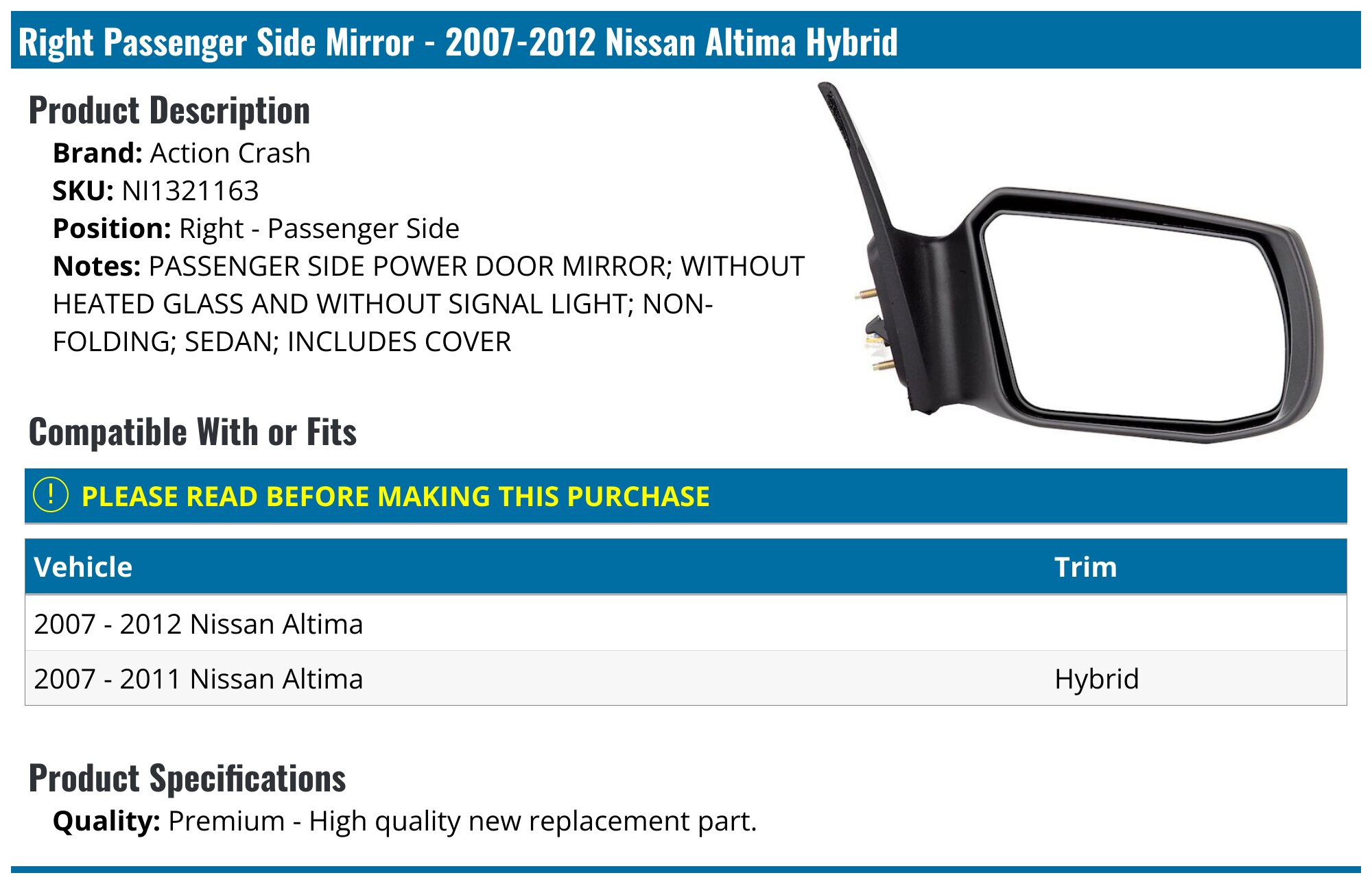 Genuine OEM Nissan Altima Right Passenger Side Power Mirror – 2013-2018, Non-Heated, White