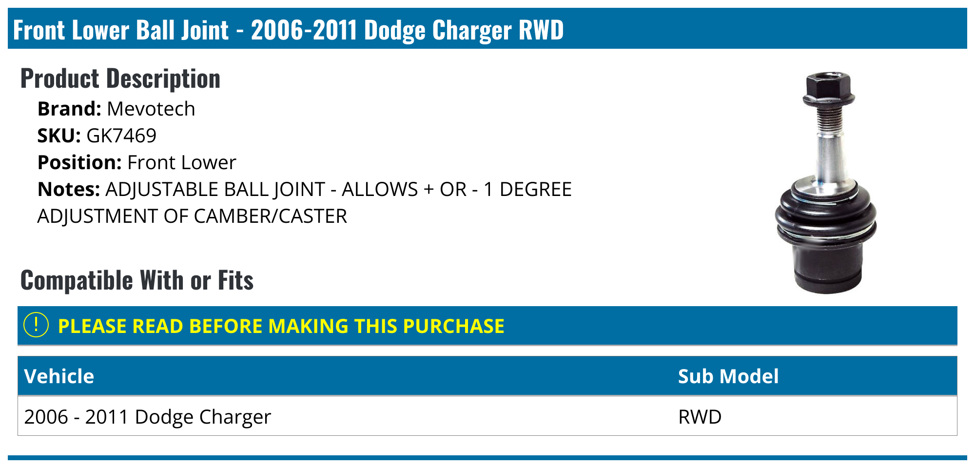 20062011 Dodge Charger Ball Joint Mevotech GK7469 Front Lower