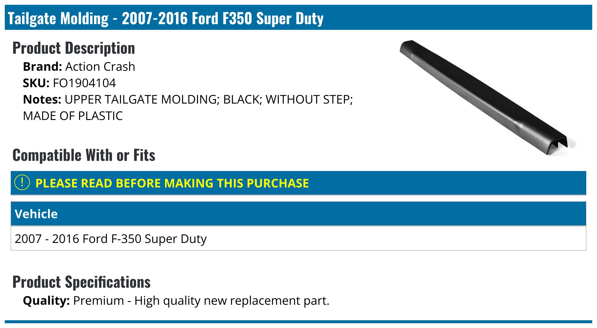 Matte Black Tailgate Spoiler Molding Cover For 2008-2016 Ford F250 & F350 Super Duty