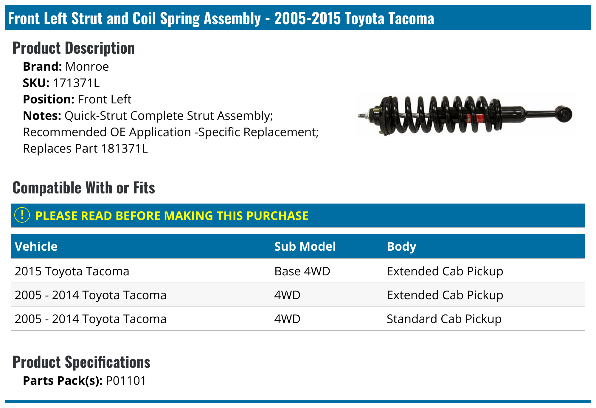 20052015 Toyota Strut Assembly Monroe 171371L Front Left