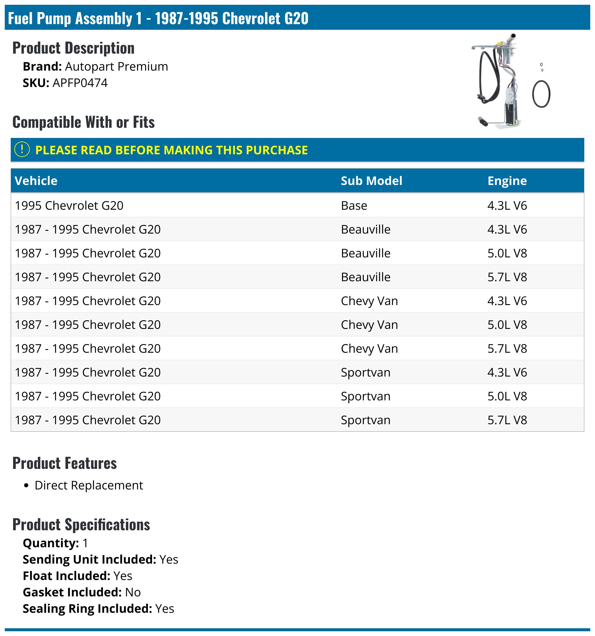 1987-1995 Chevrolet G20 Fuel Pump - Autopart Premium APFP0474 ...
