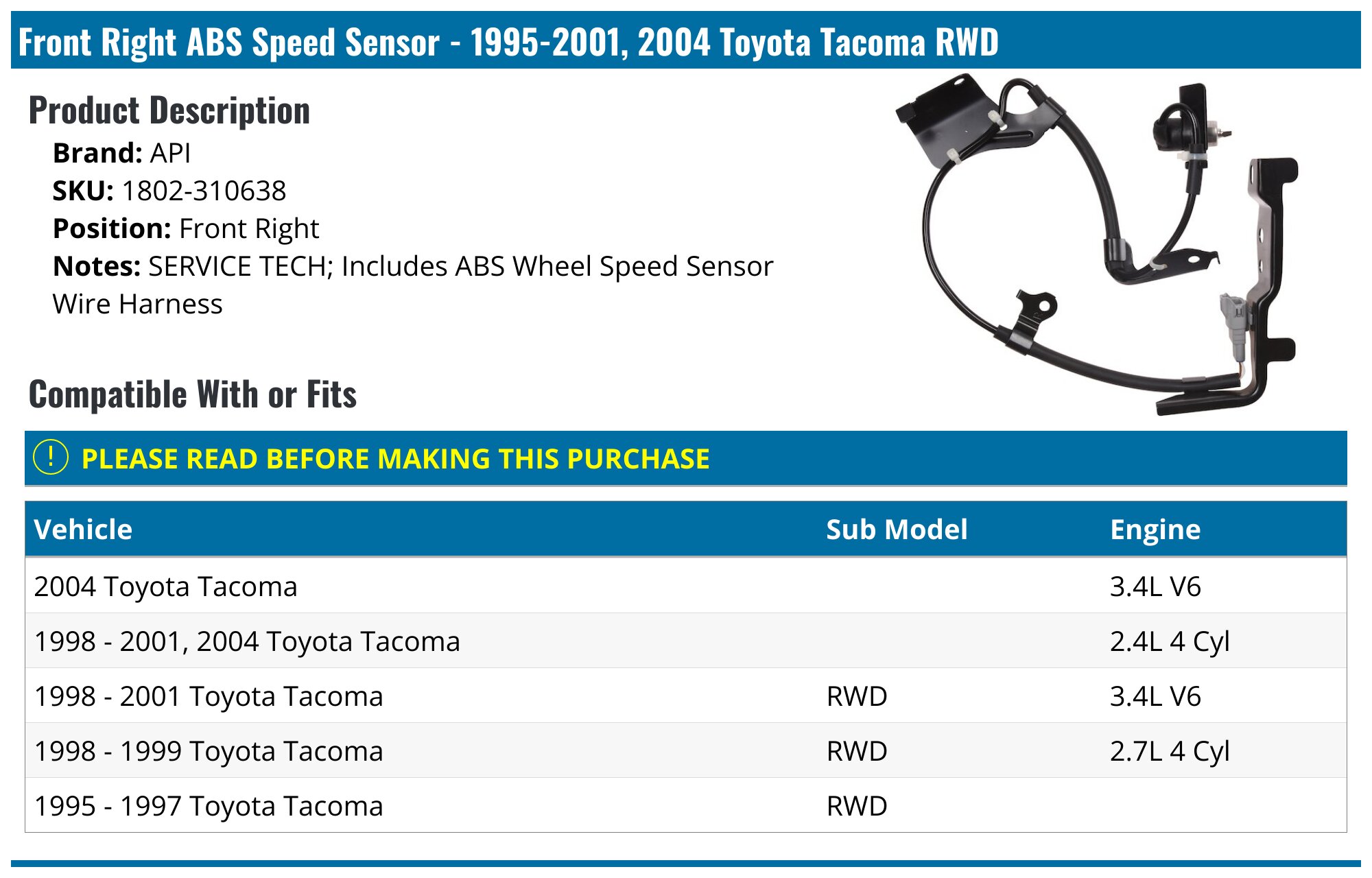 2005 Toyota Tacoma Front Driver Abs Wheel Speed Sensor Wire 89516-04040