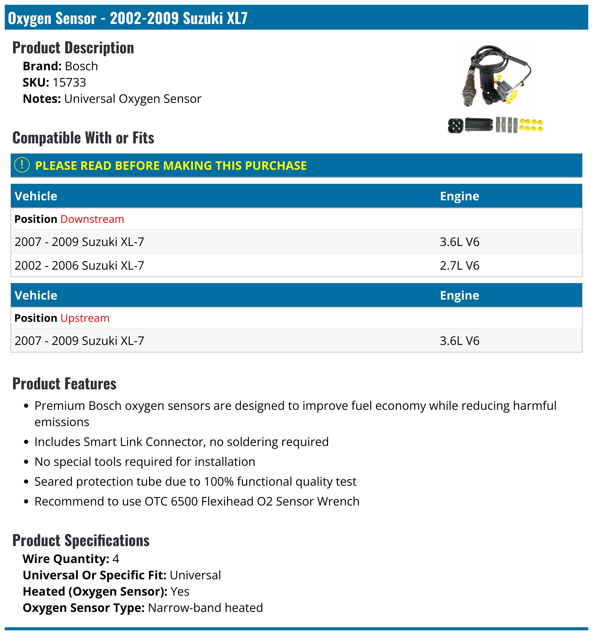 20022009 Suzuki XL7 Oxygen Sensor Bosch 15733 Downstream