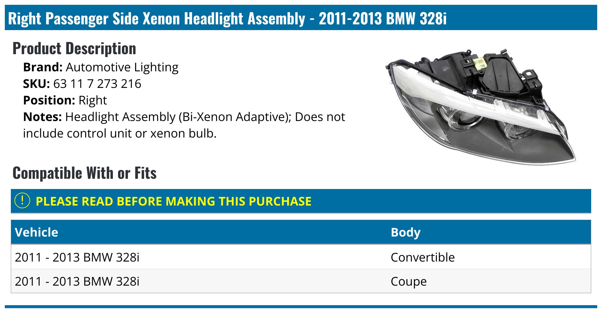 2011-2013 BMW 328i Headlight Assembly - Automotive Lighting 63 11 7 273 ...