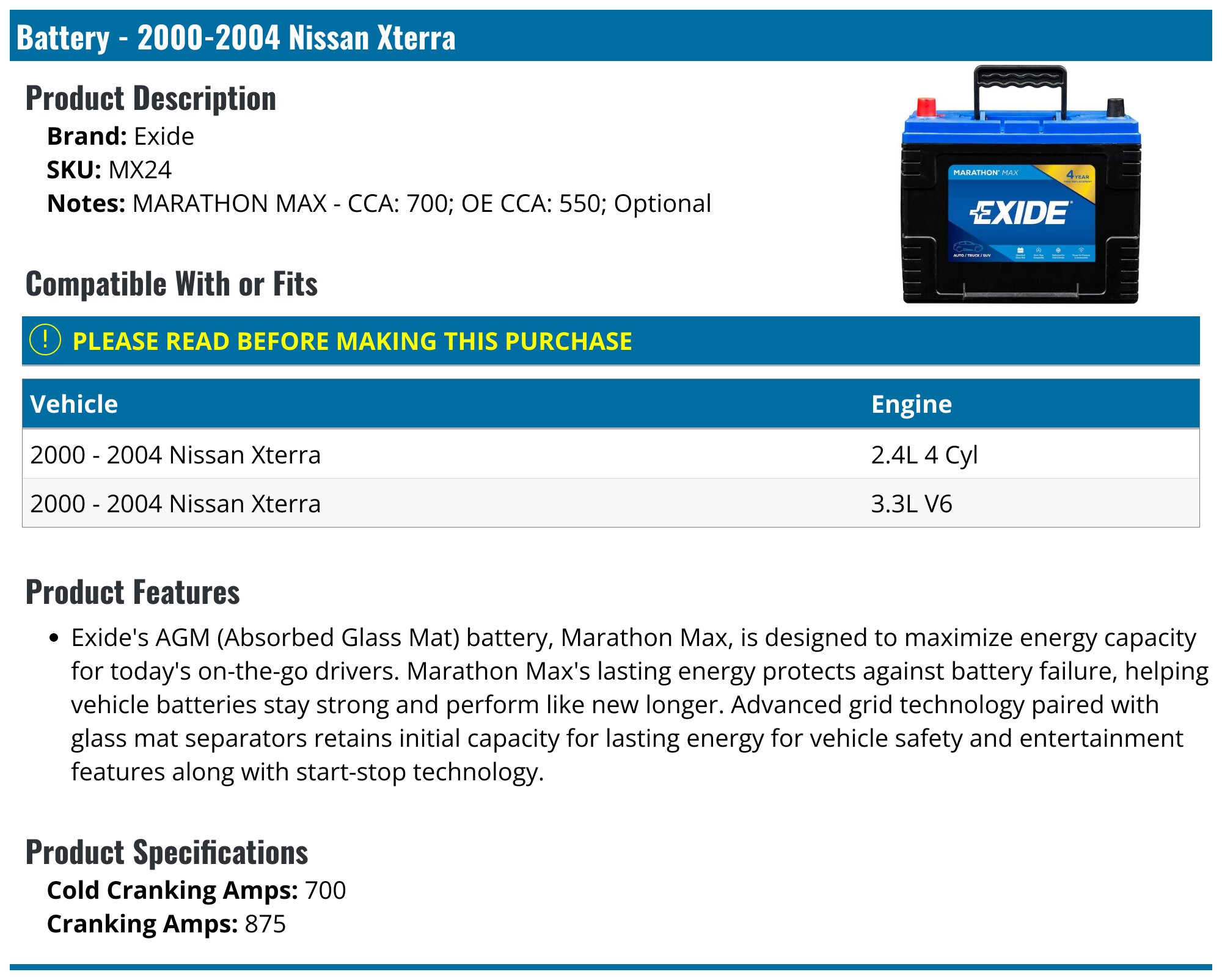 2000-2001, 2003-2004 Nissan Xterra Battery - Exide MX24 - PartsGeek.com
