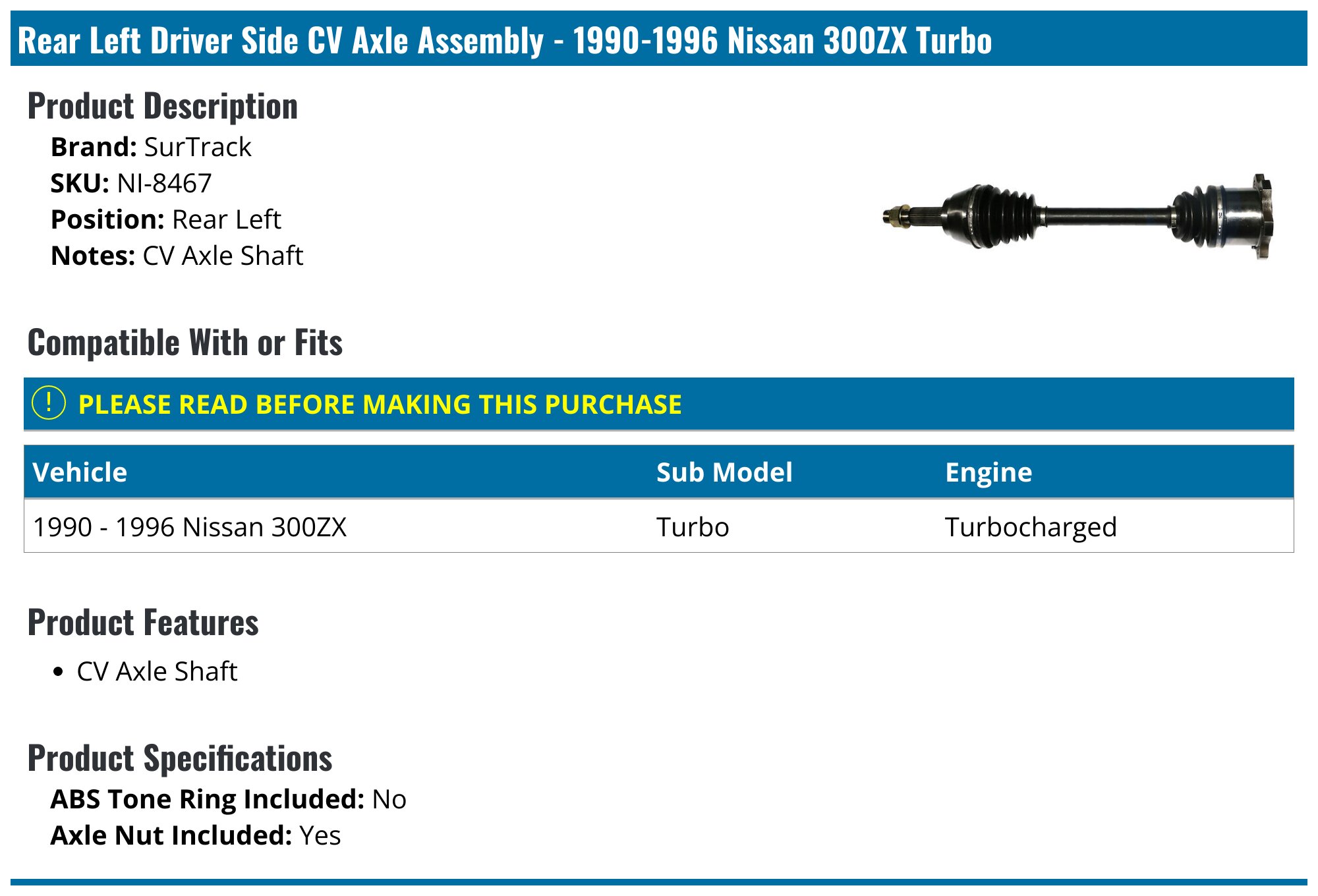 1990-1996 Nissan 300ZX Axle Assembly - SurTrack NI-8467 - Rear