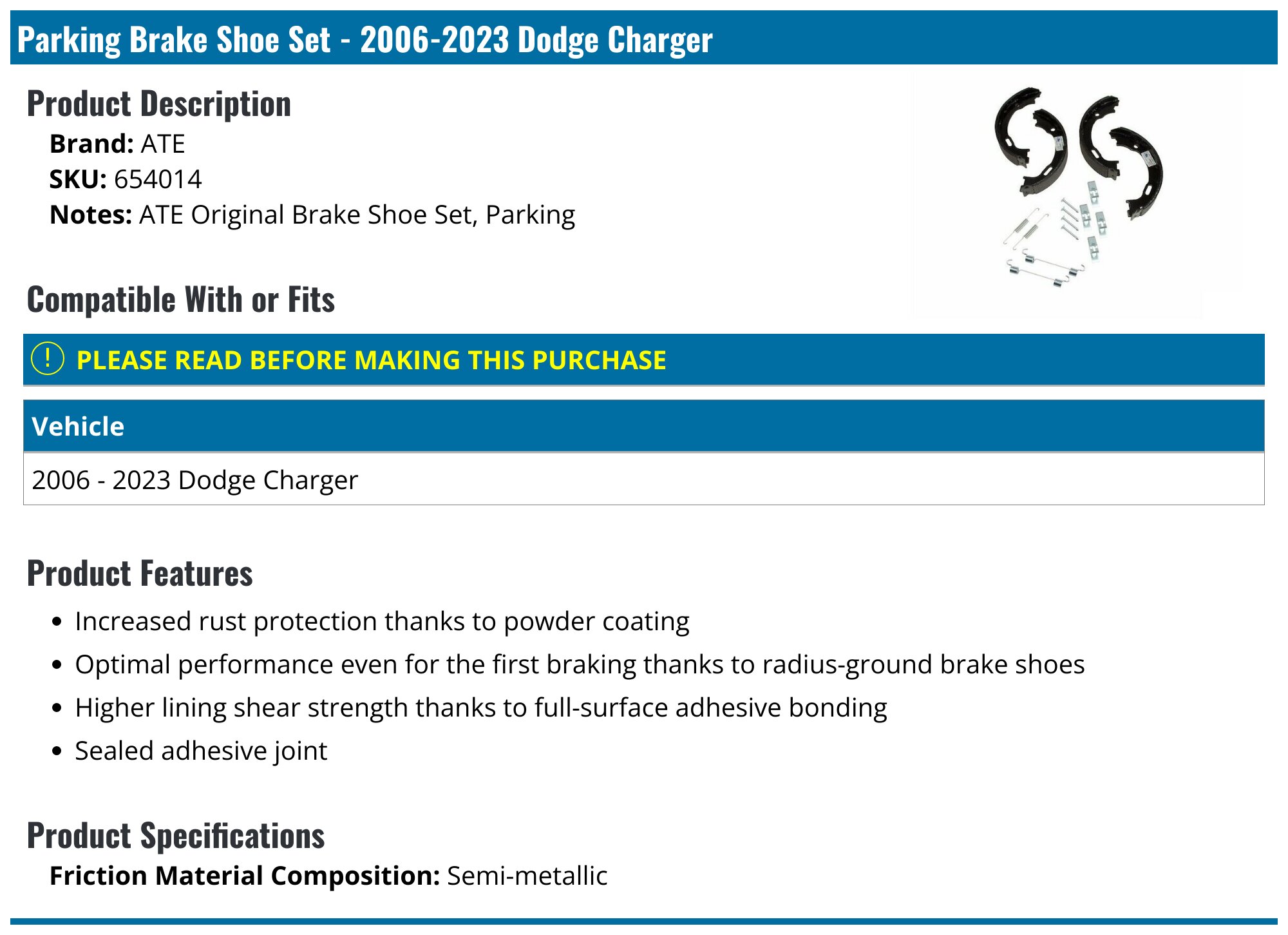 20062023 Dodge Charger Parking Brake Shoe Set ATE 654014