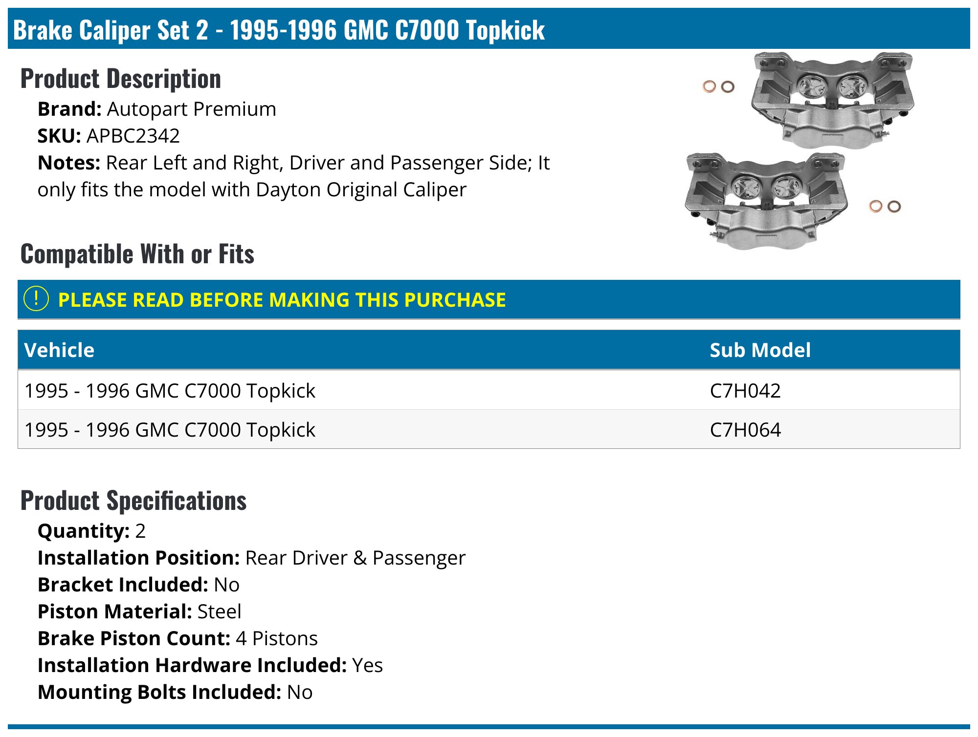 19951996 GMC C7000 Topkick Brake Caliper Autopart Premium APBC2342