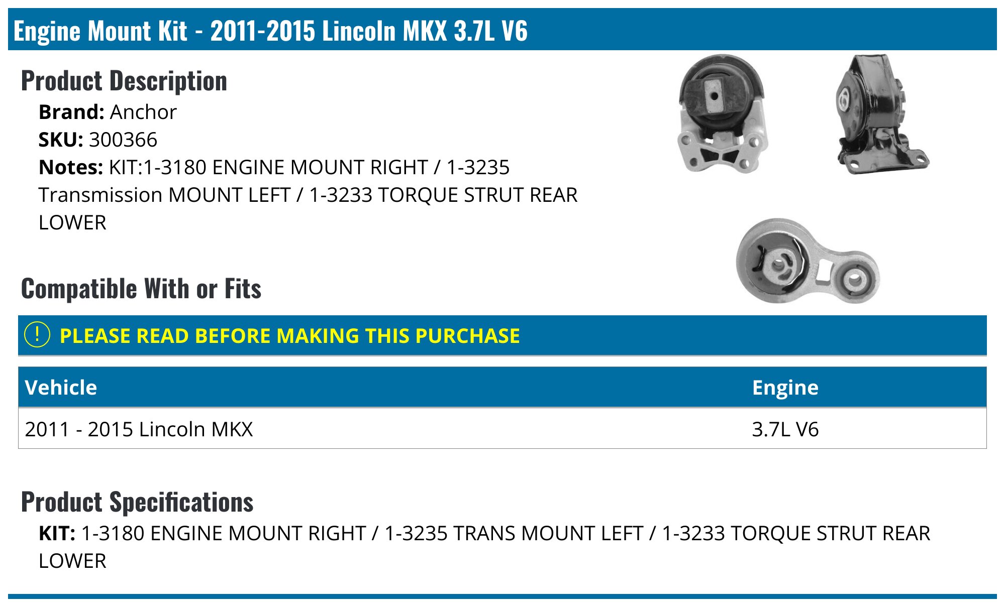 Anchor 3203 Automatic Transmission Mount For Ford Fusion, Lincoln Zephyr & Mercury Milan 2.3L 2.5L 3.0L