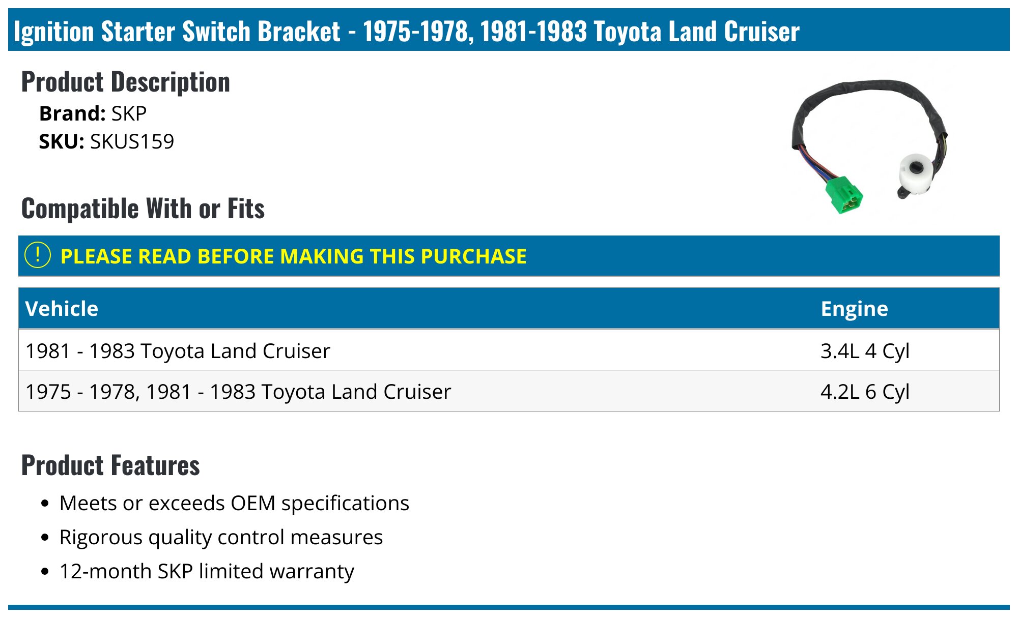 1975-1978, 1981-1983 Toyota Land Cruiser Ignition Starter Switch