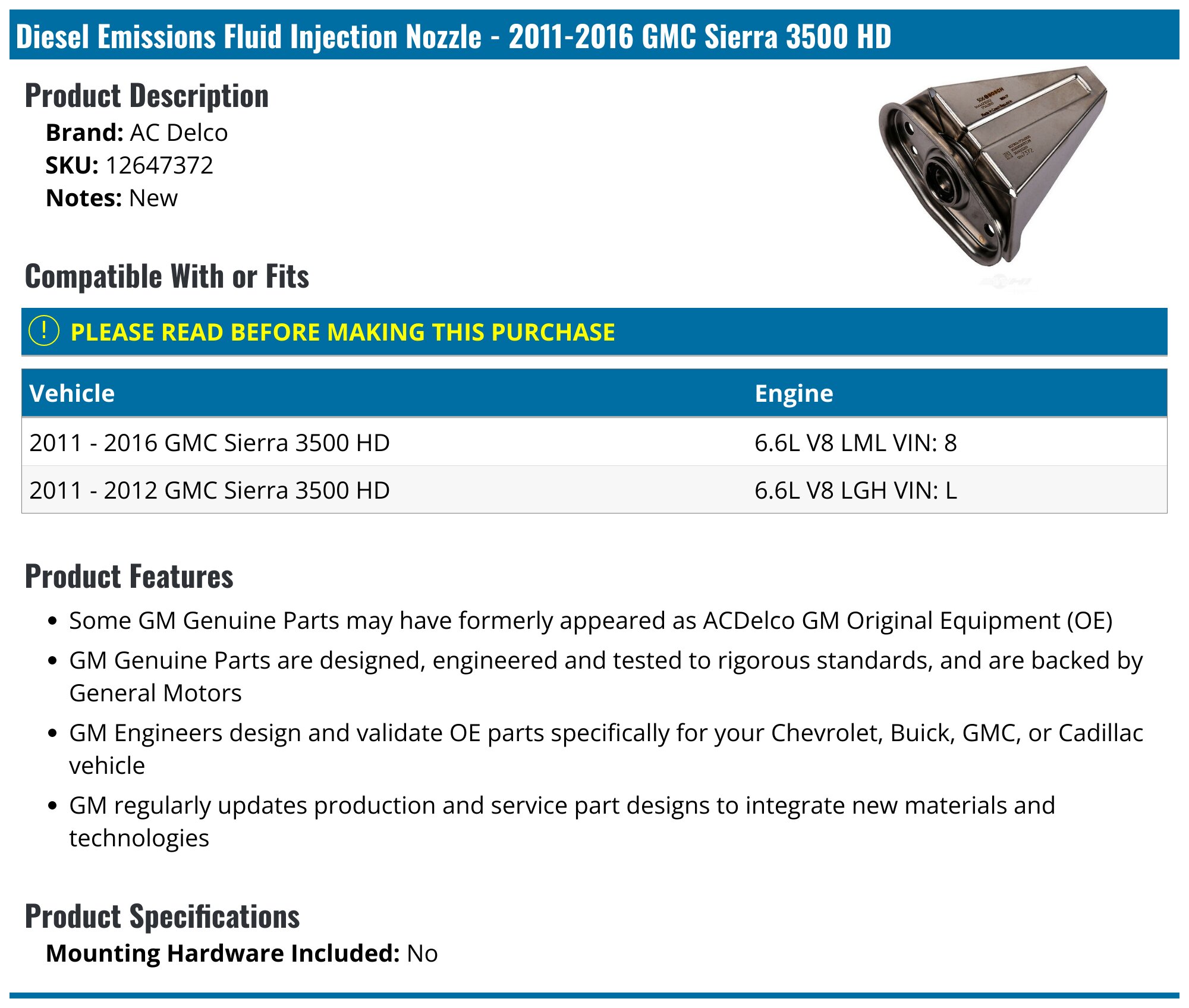 2011-2016 GMC Sierra 3500 HD Diesel Emissions Fluid Injection Nozzle ...