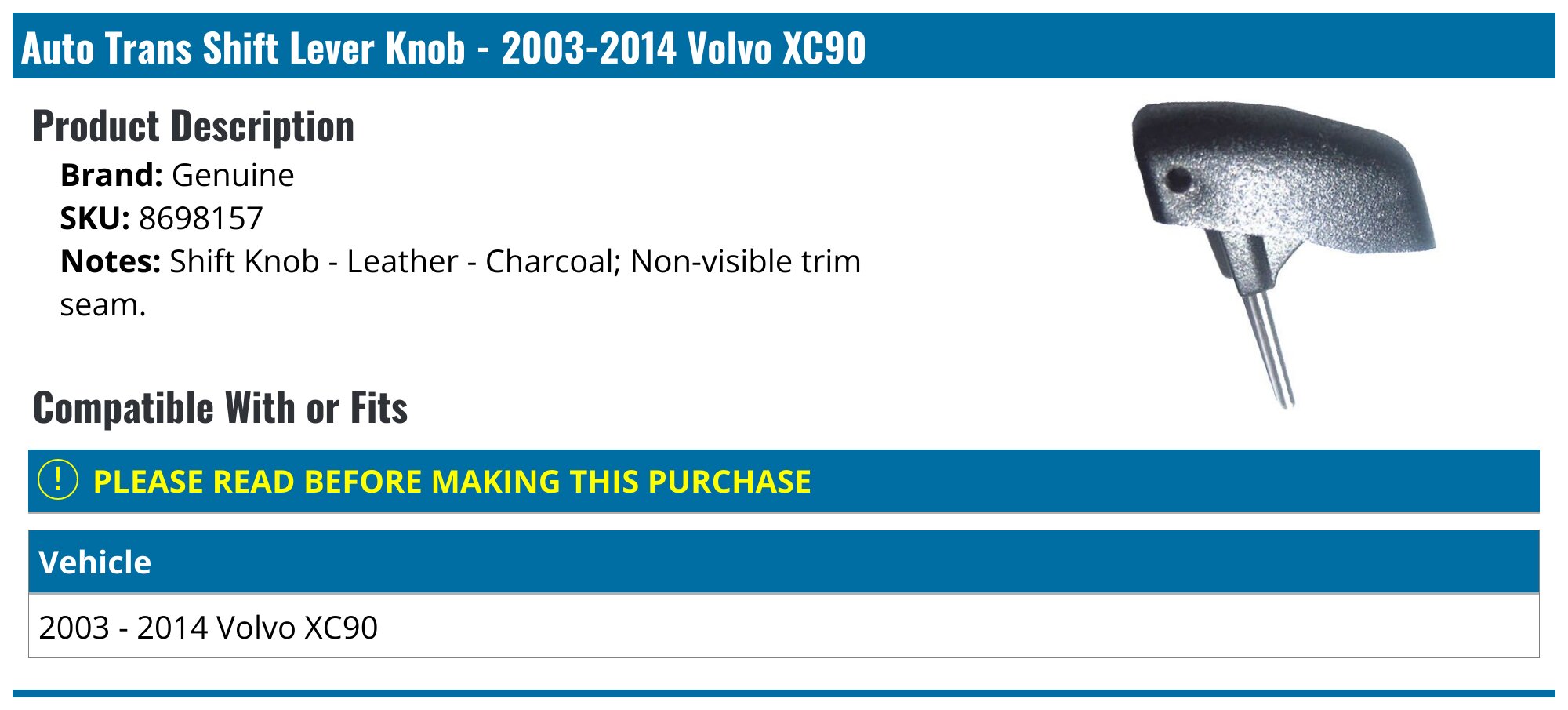 2003-2014 Volvo XC90 Auto Trans Shift Lever Knob - Genuine 8698157 ...
