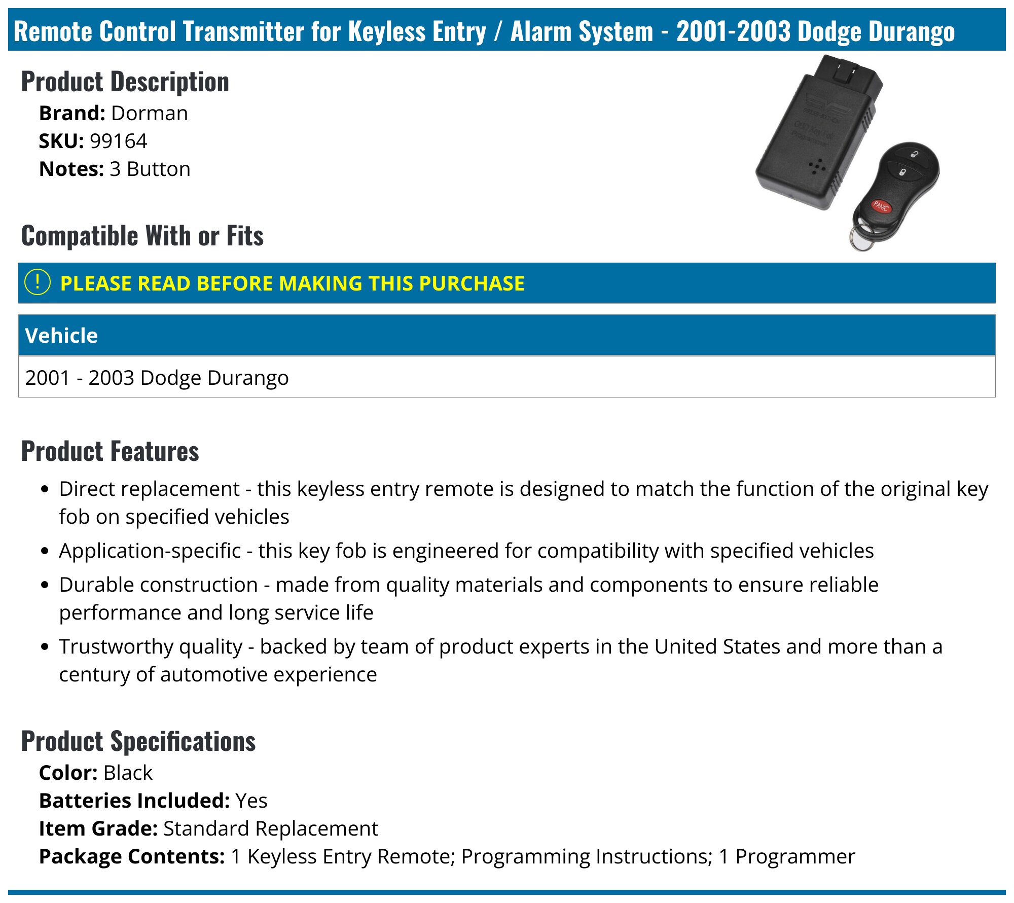 Dorman 99164 3-Button Keyless Entry Remote Fob For Dodge, Chrysler, Plymouth (4686481AF)