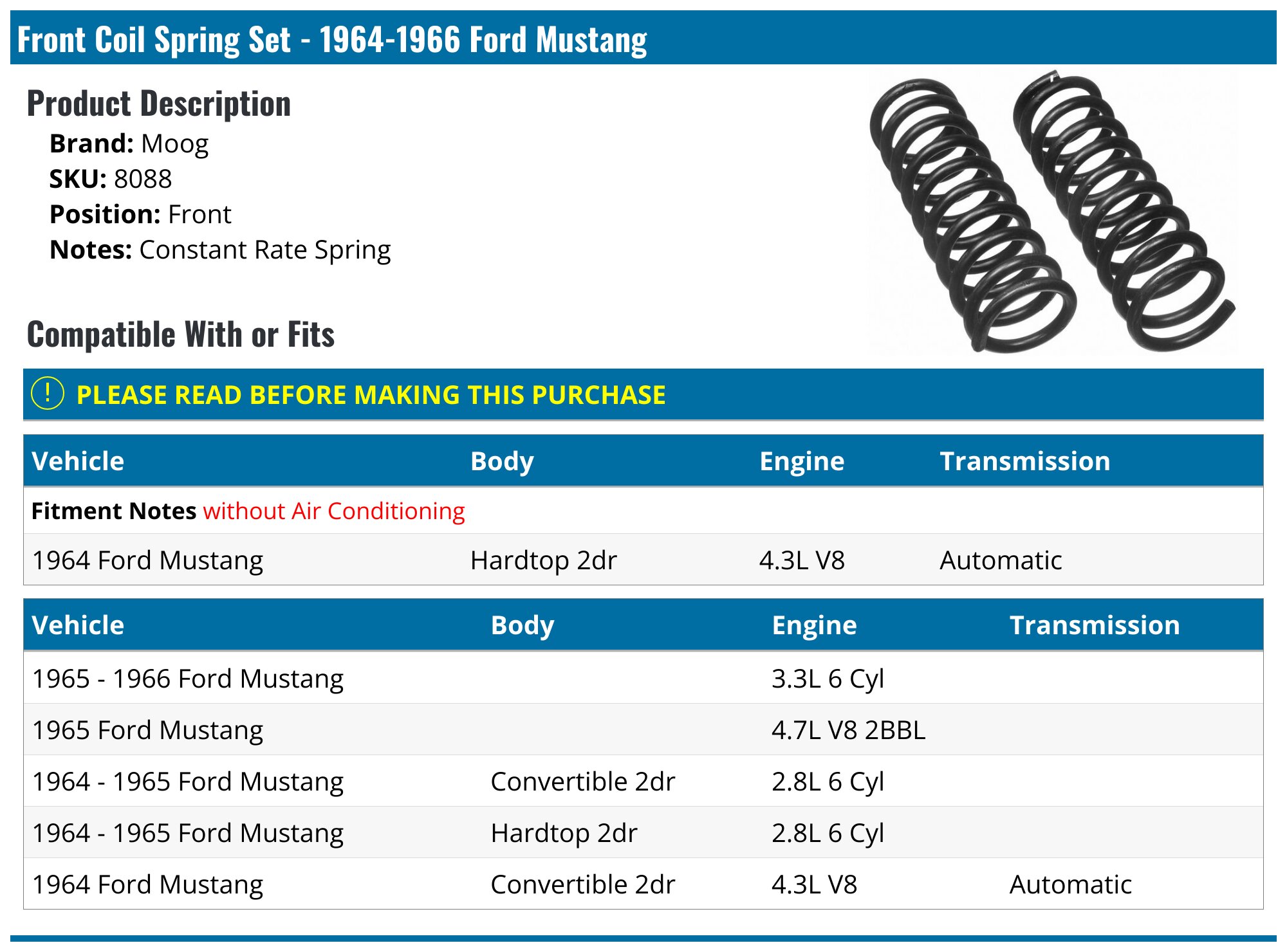 1964-1966 Ford Mustang Coil Spring - Moog 8088 - Front - PartsGeek.com
