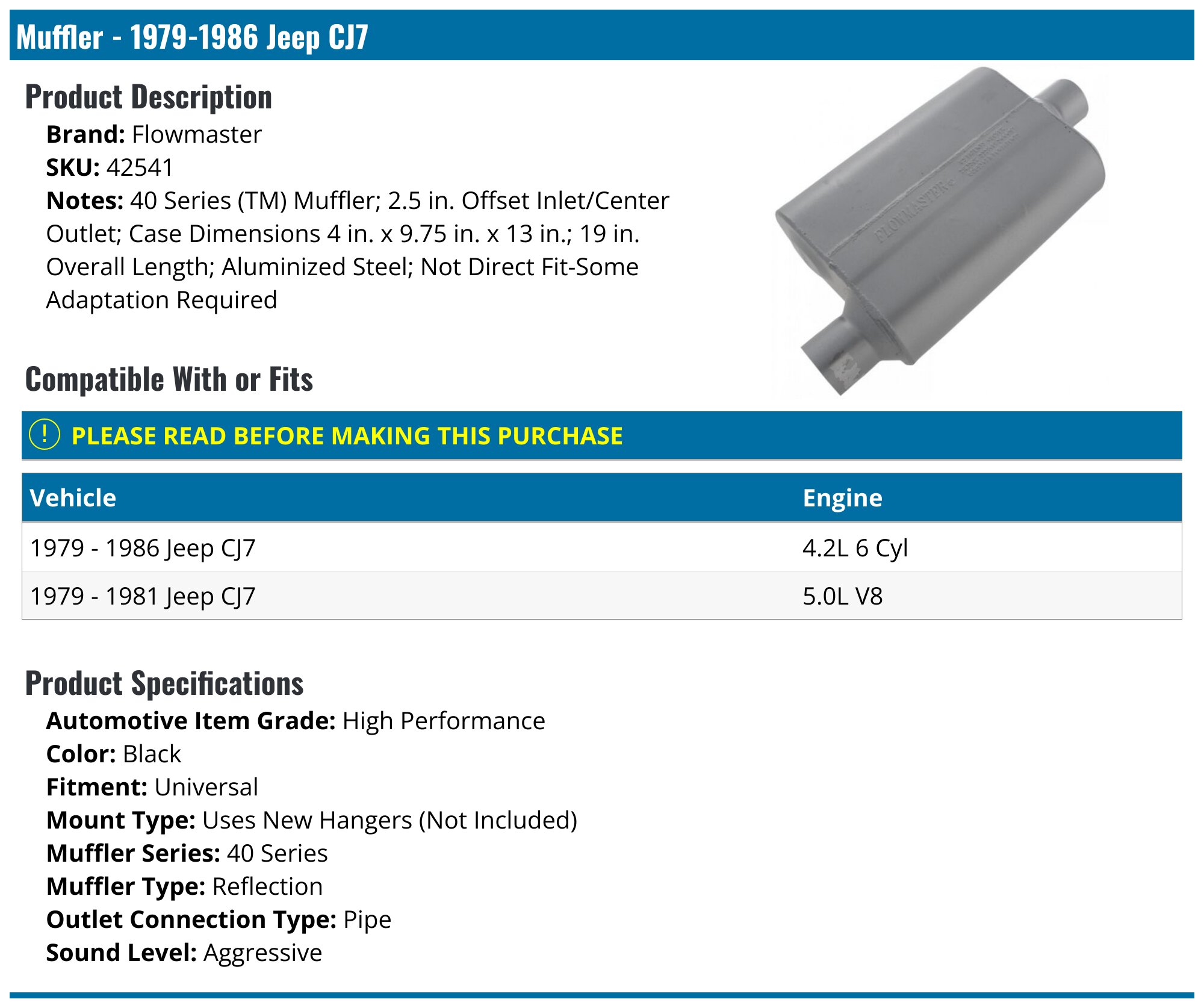 1979-1986 Jeep CJ7 Muffler - Flowmaster 42541 - PartsGeek.com