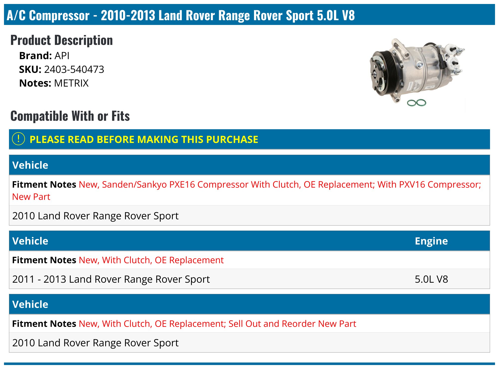 A-Premium A/C Compressor With Clutch For Land Rover Discovery Sport & Range Rover Evoque 2.0L
