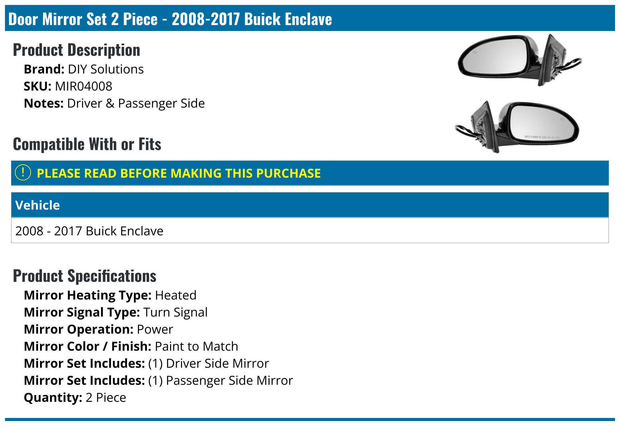 For 2008-2017 Buick Enclave Mirror Right - Passenger Side 51156SNZQ For 2008-2017 Buick Enclave Mirror Right - Passenger Side 51156SNZQ