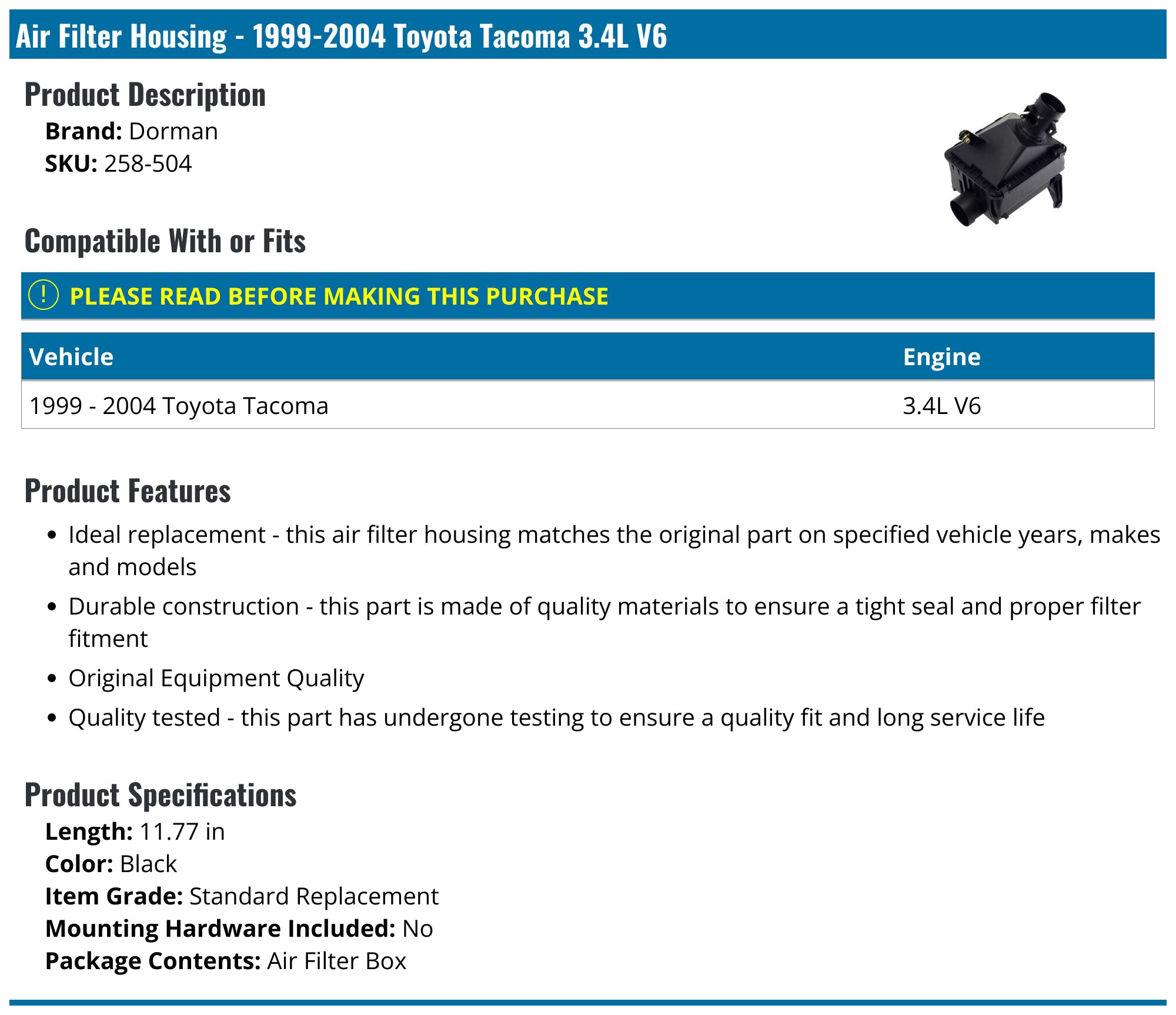 Air Filter Housing - 1999-2004 Toyota Tacoma 3.4L V6