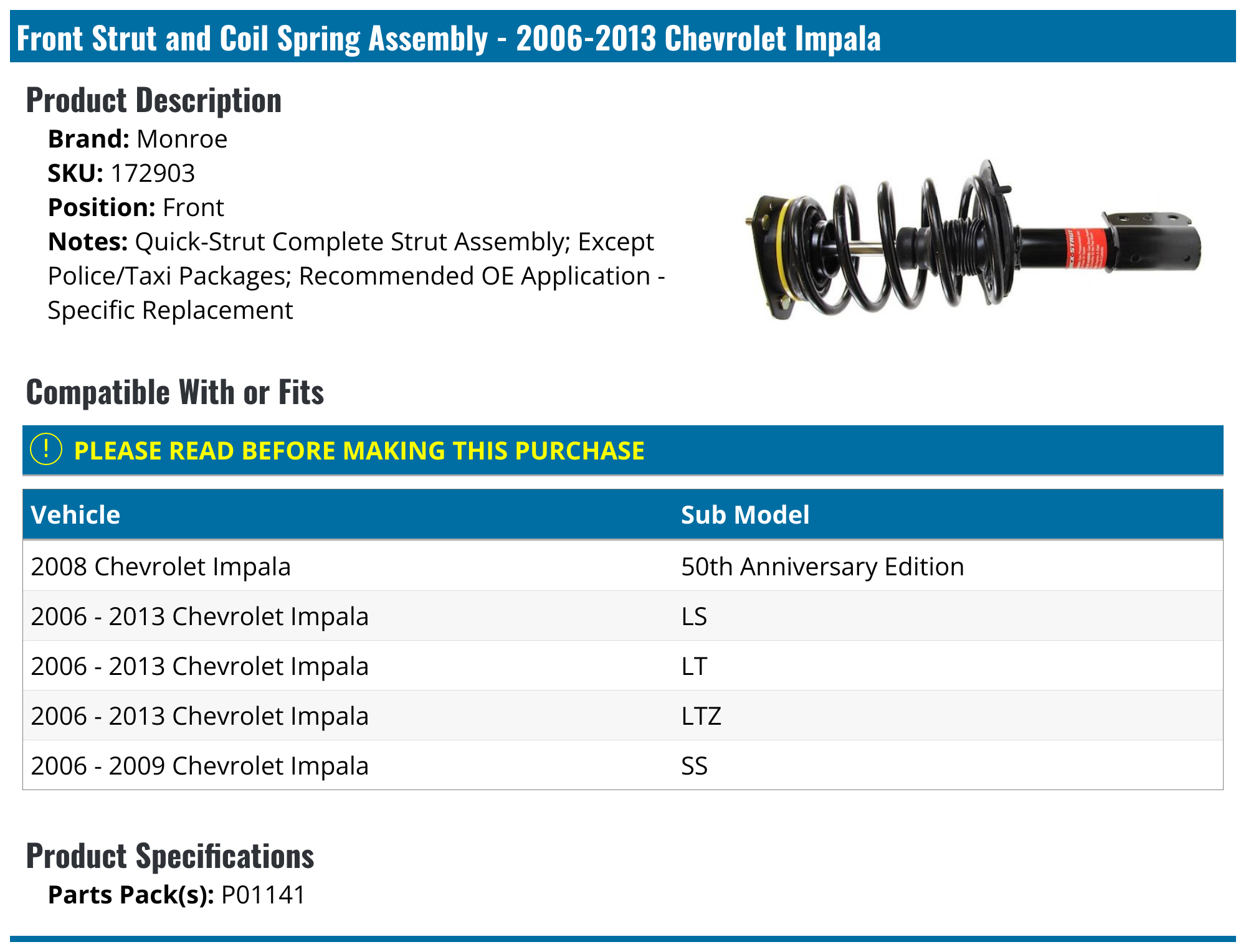 2006-2013 Chevrolet Impala Strut Assembly - Monroe 172903 - Front