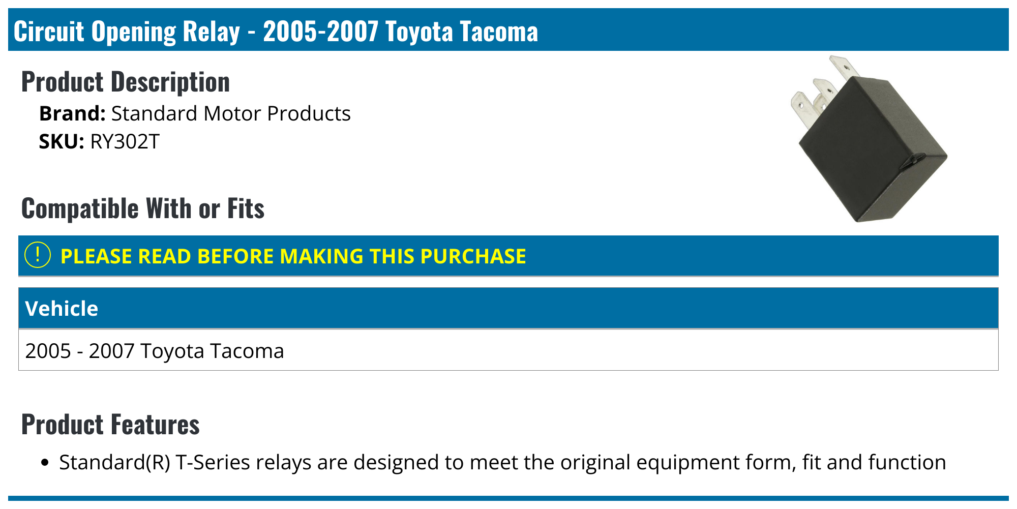 20052007 Toyota Circuit Opening Relay Standard Motor Products