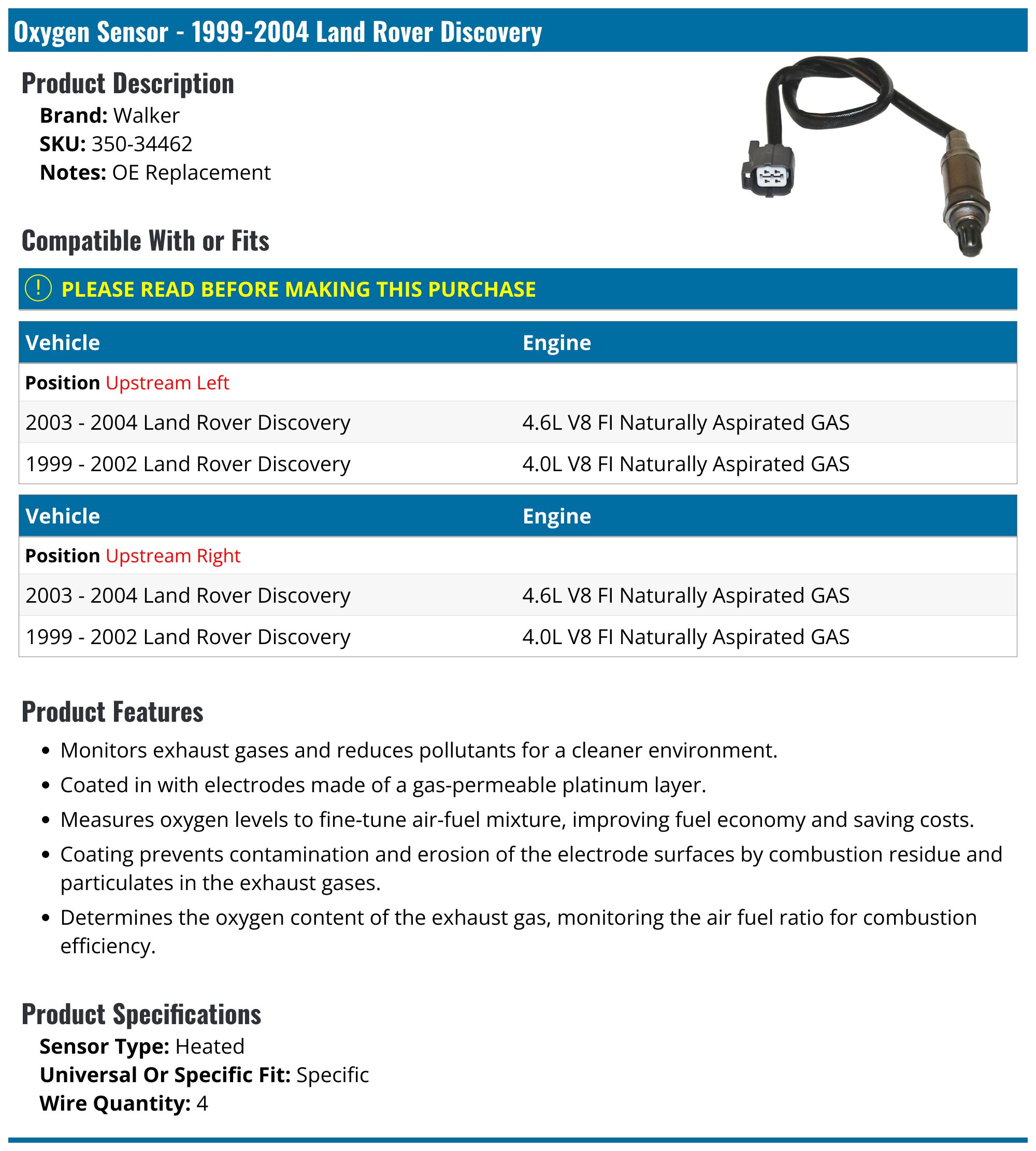 Bosch 15175 Oxygen Sensor – Upstream Fit 1999-2004 Land Rover Discovery 4.0L 4.6L