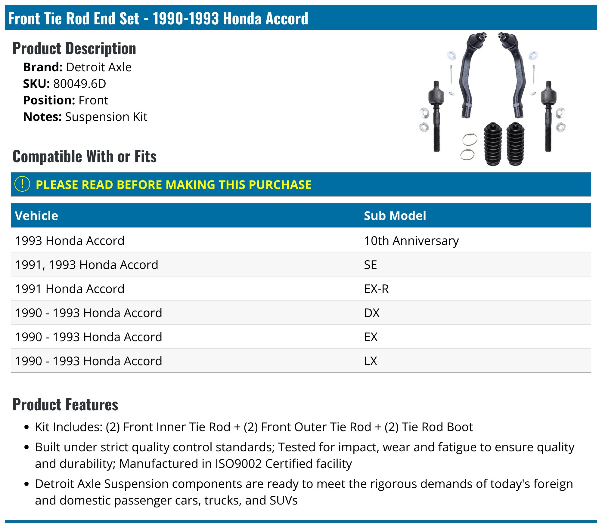 Front Control Arm and Tie Rod End Kit - Compatible with 1990 - 1993