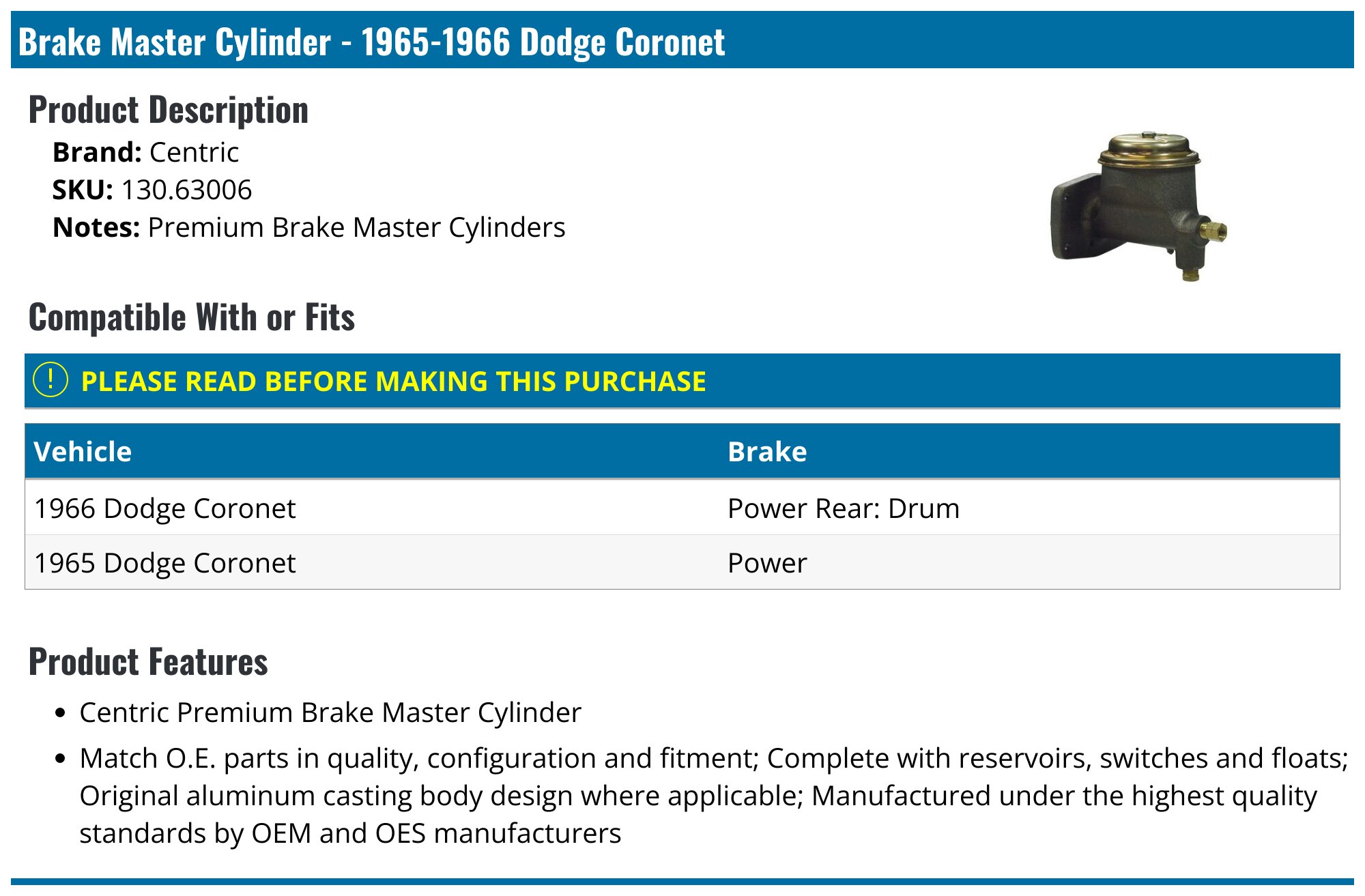 1965-1966 Dodge Coronet Brake Master Cylinder - Centric 130.63006 ...