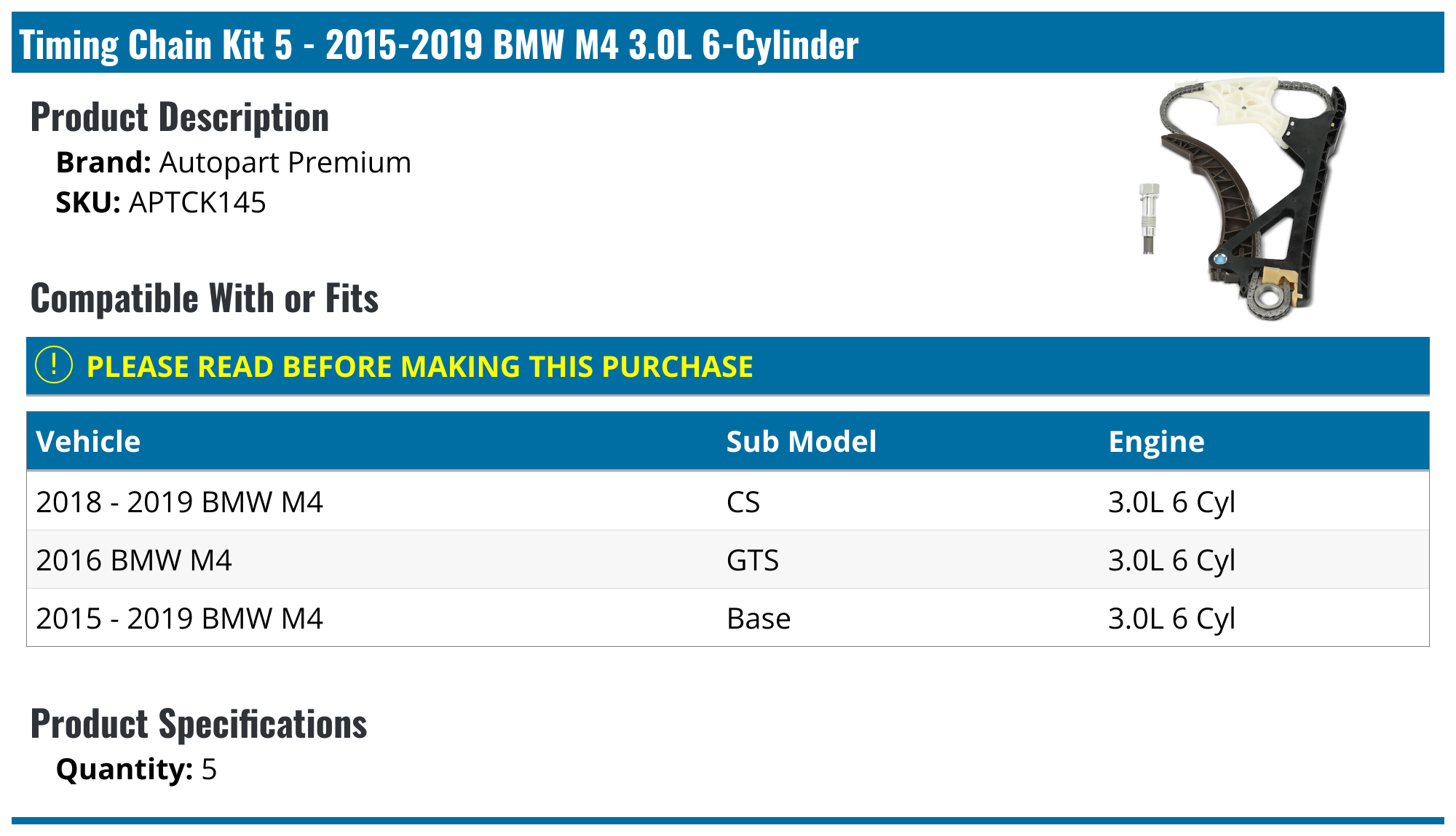 20152019 BMW M4 Timing Chain Autopart Premium APTCK145