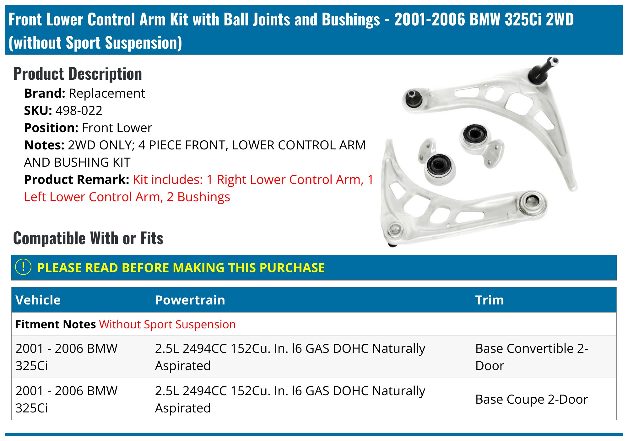 Detroit Axle Front End Kit – Control Arms & Inner Tie Rods For BMW 325i/330i/Z4