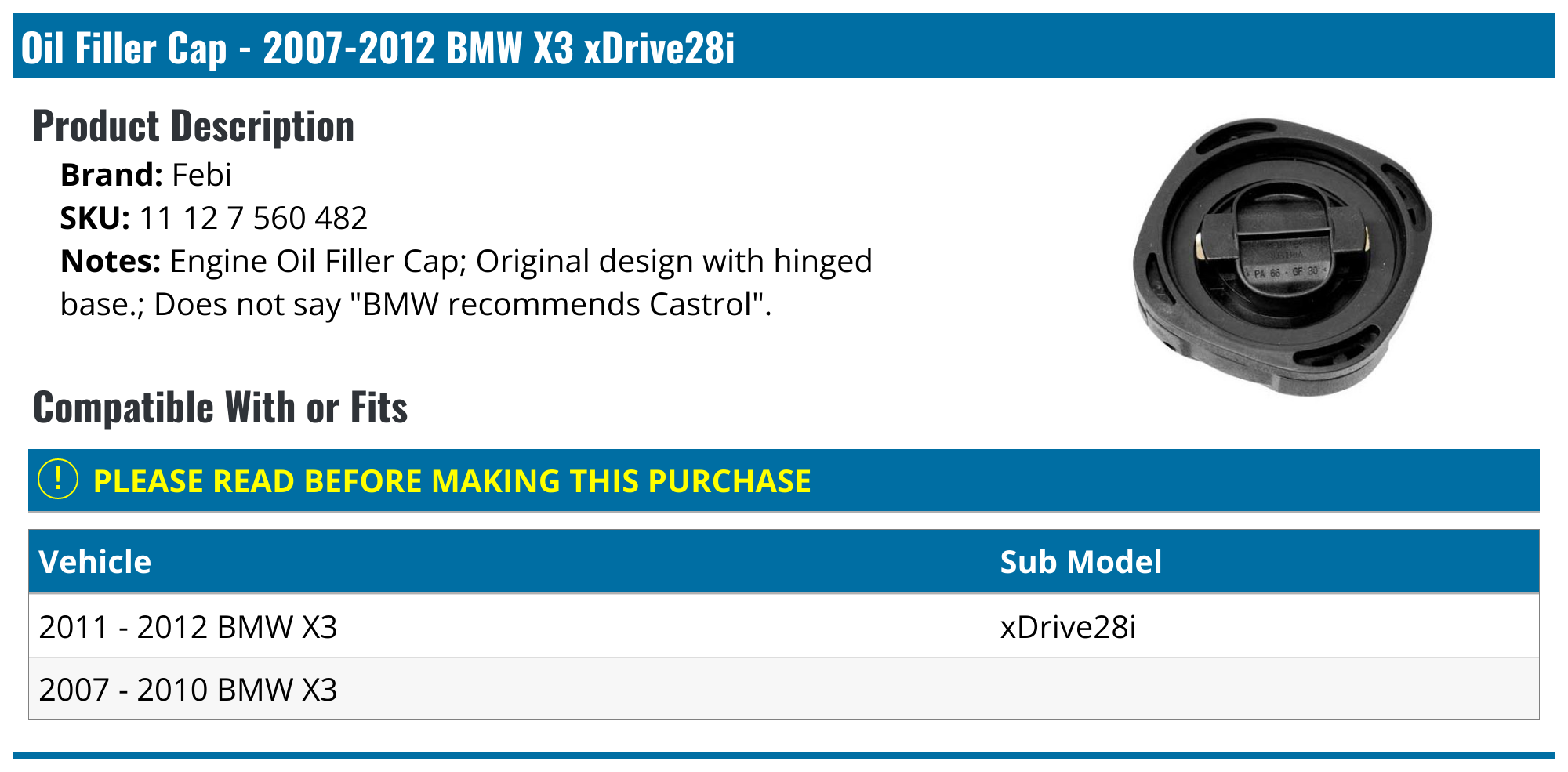 20072012 BMW X3 Oil Filler Cap Febi 11 12 7 560 482