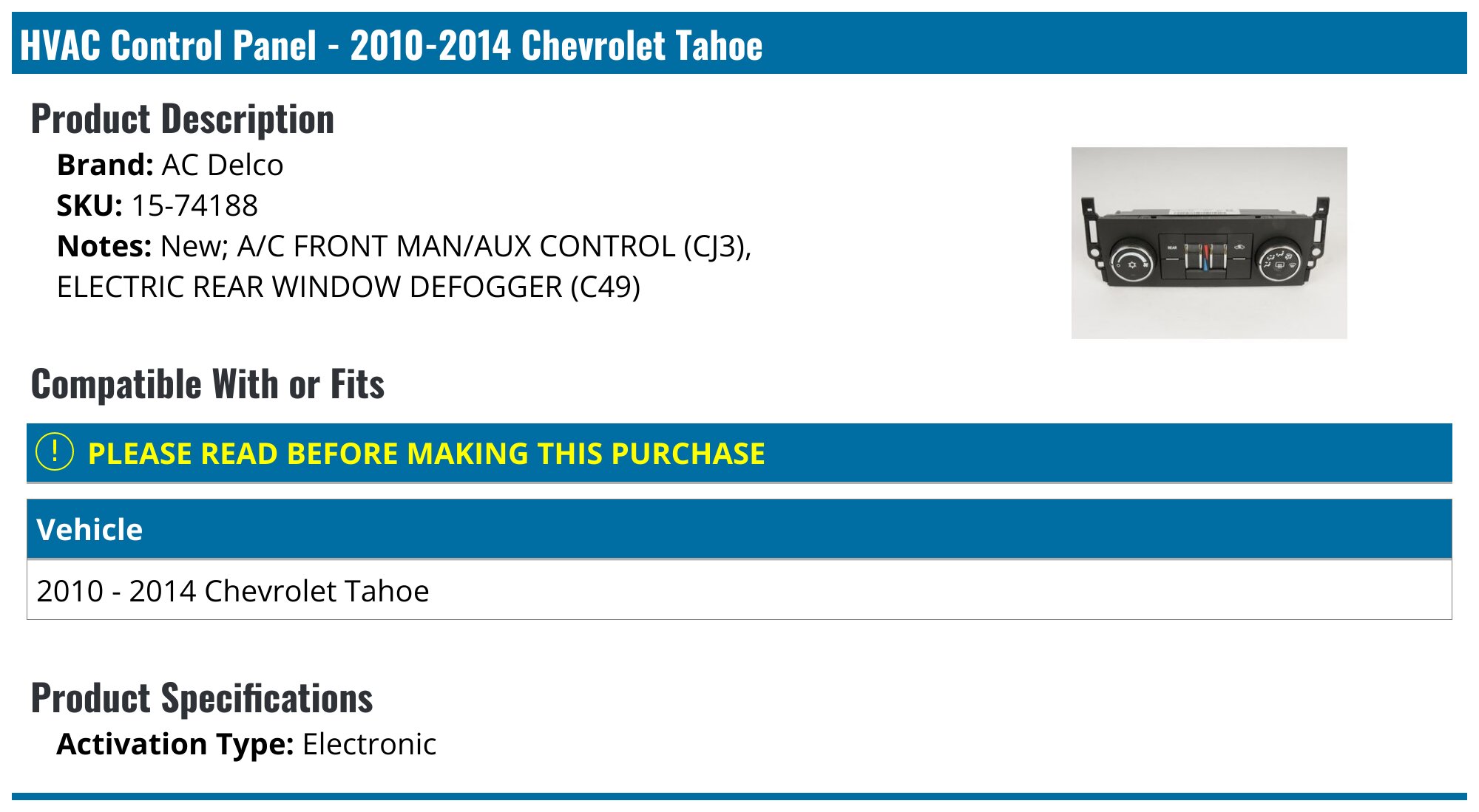 2010-2014 Chevrolet Tahoe HVAC Control Module - AC Delco 15-74188 ...