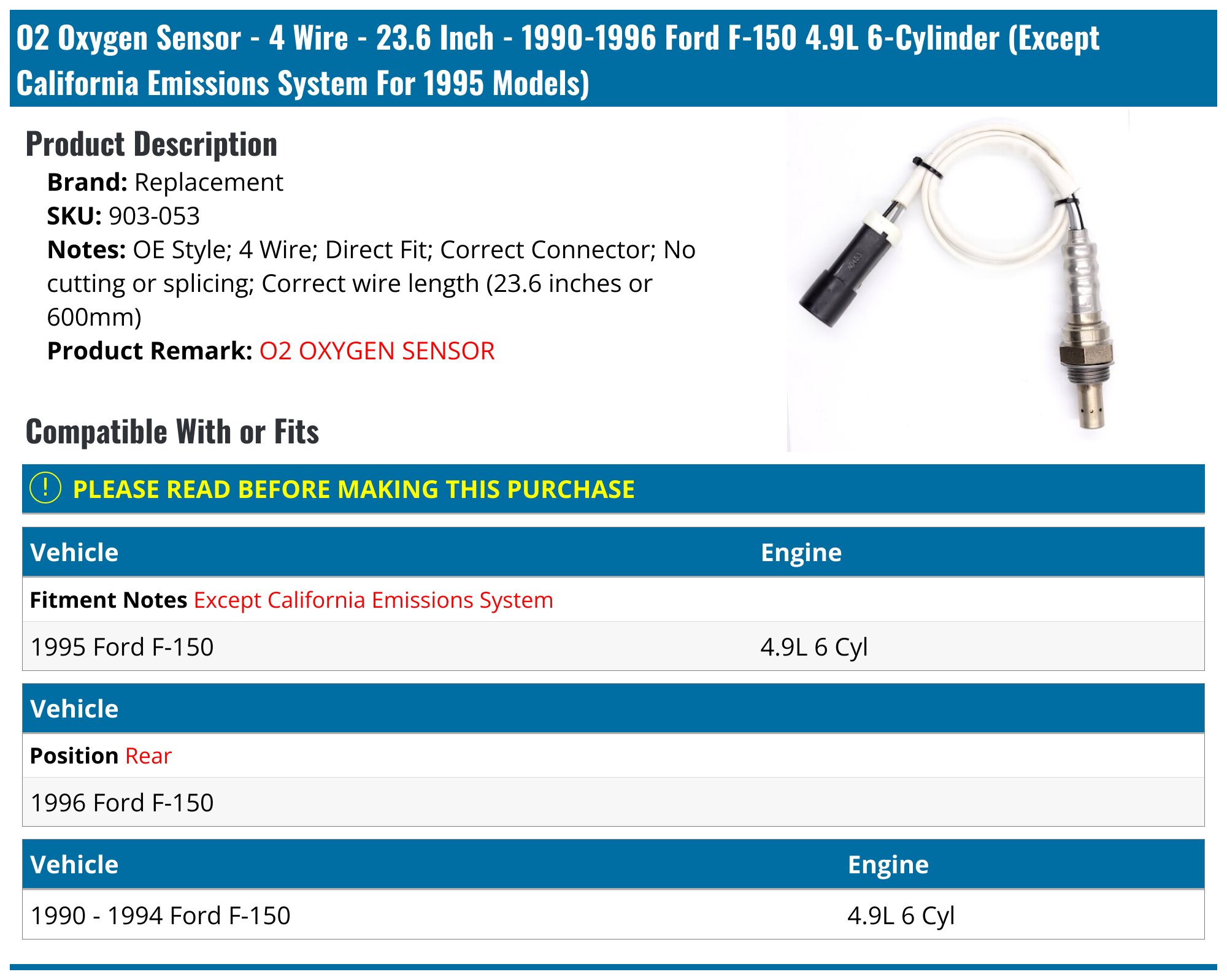 1990-1996 Ford F150 Oxygen Sensor - Replacement 903-053 - PartsGeek.com
