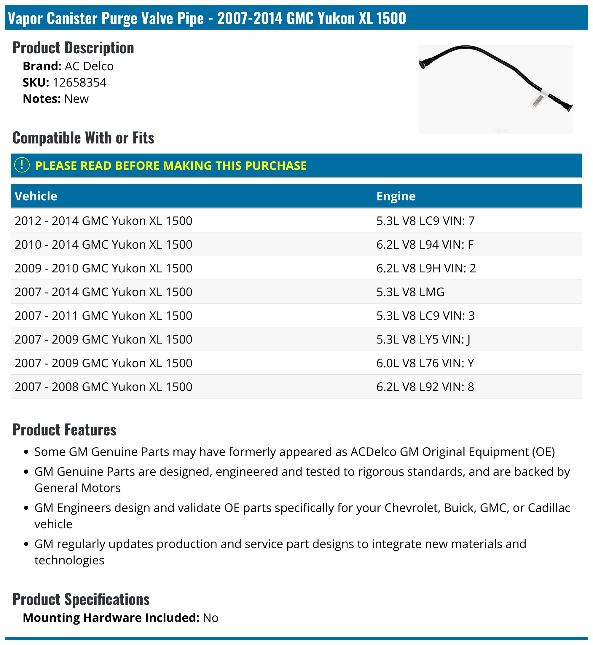 20072014 GMC Yukon XL 1500 Vapor Canister Purge Valve Pipe AC Delco 12658354