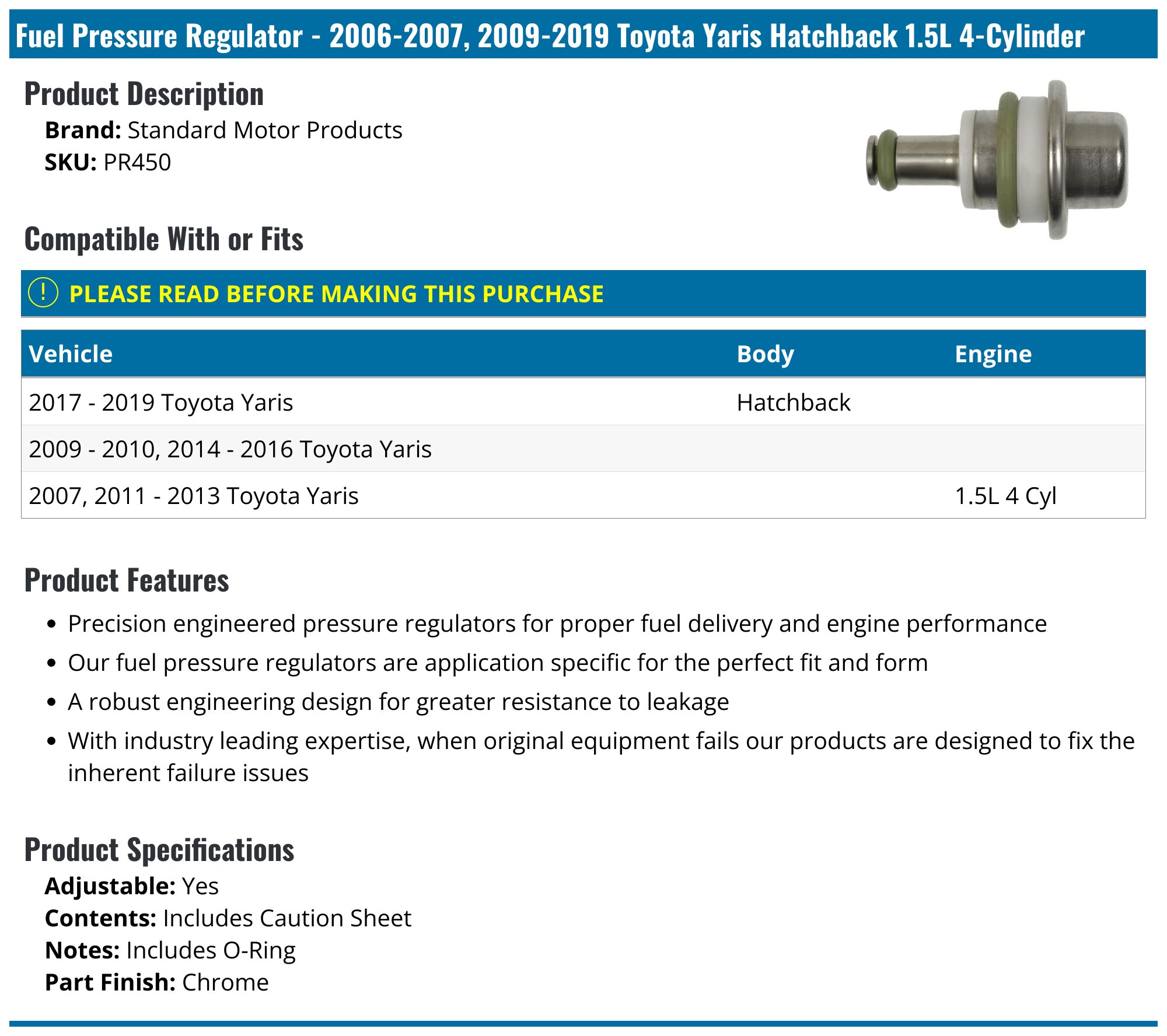 20062007, 20092019 Toyota Yaris Fuel Pressure Regulator Standard Motor Products PR450