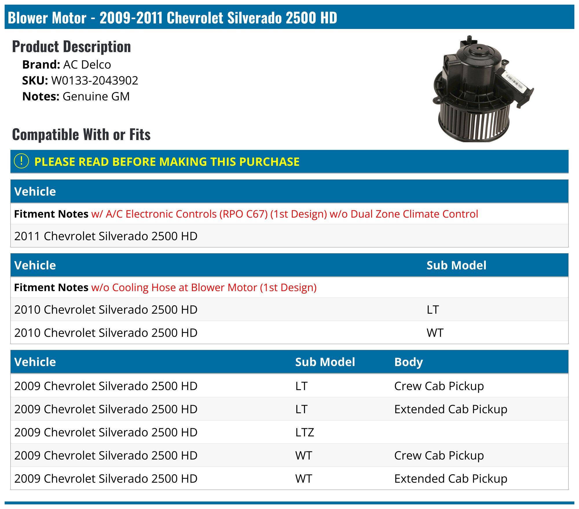 2020-2025 Chevrolet Silverado 2500 HD Blower Motor - Replacement 819-268 2020-2025 Chevrolet Silverado 2500 HD Blower Motor - Replacement 819-268