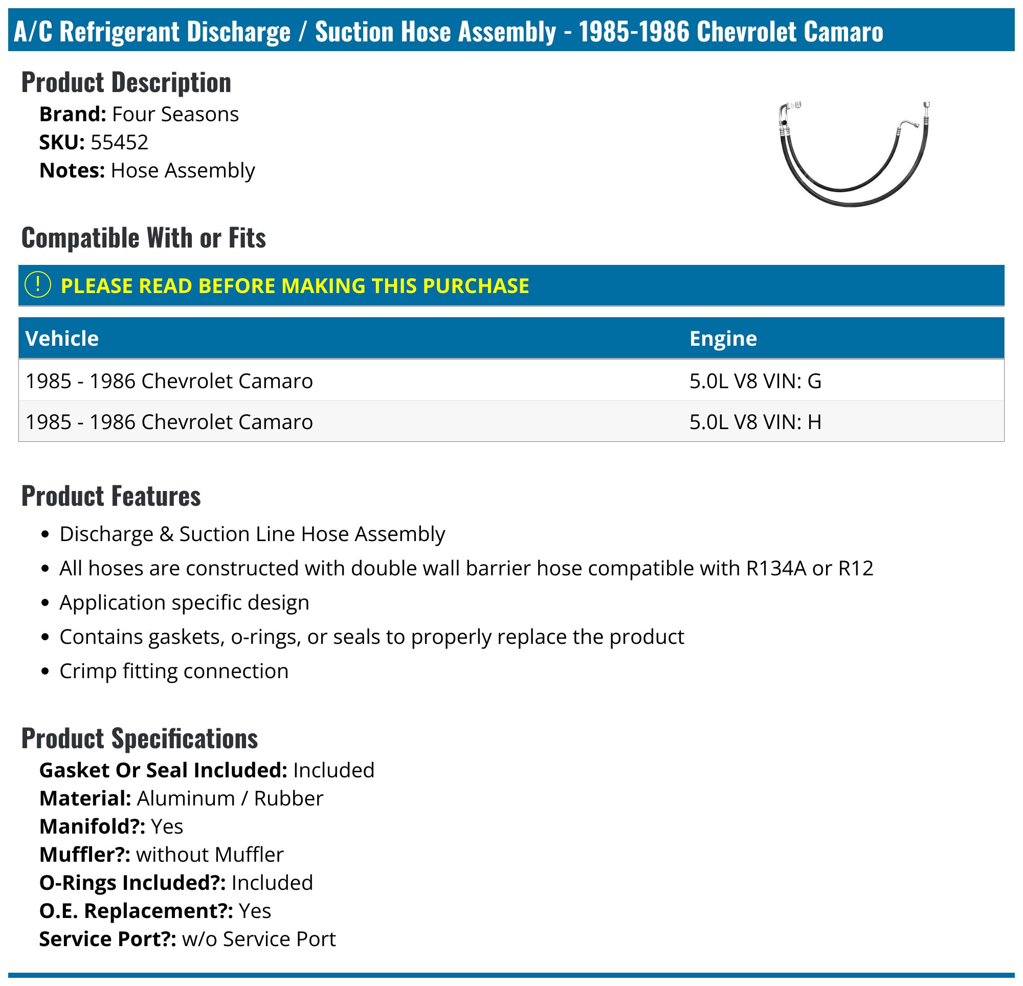 Four Seasons 55452 AC Hose Assembly - Discharge & Suction Line Replacement For Auto AC Systems